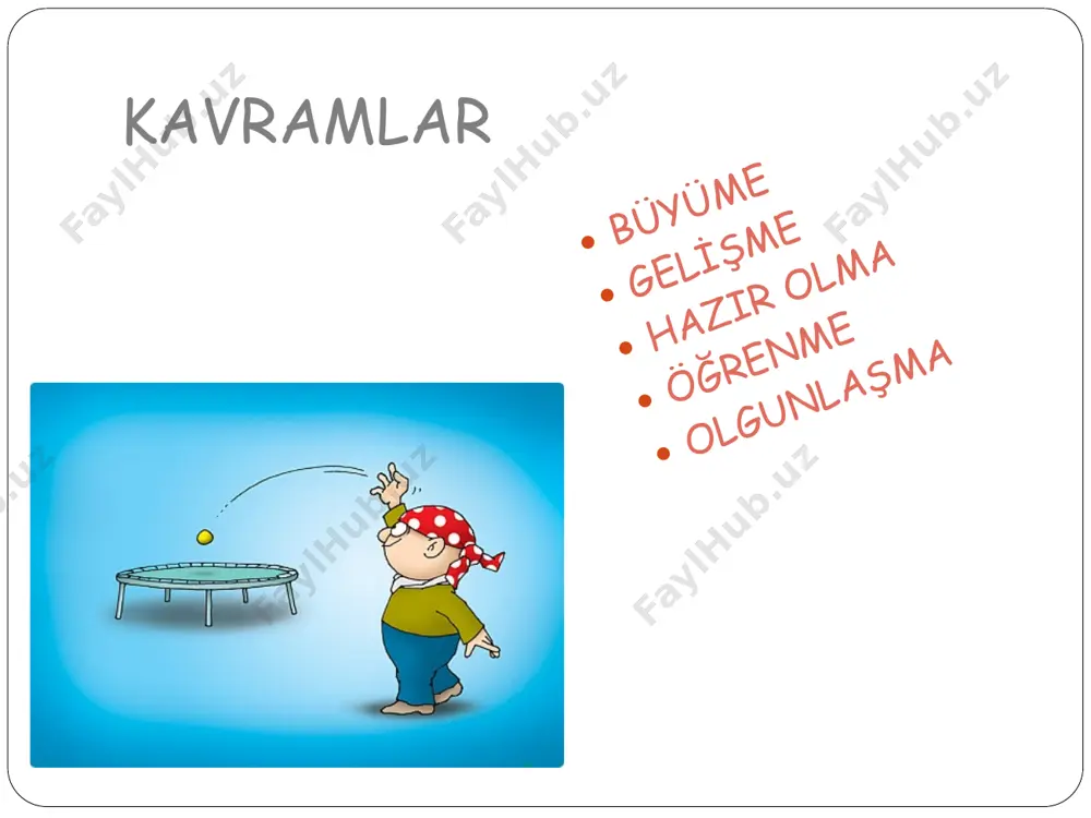 n biyolojik değişimdir, geli̇şme ürün olgunlaşma süreç hazırolma � i̇nsanın belli bir gelişim görevini olgunlaşma ve öğrenme yoluyla yapabilecek düzeye gelmesidir. i̇lköğretim birinci sınıfa başlayan çocuğun kalem tutabilir düzeyde olması ya da dört işlemi kavrayacak düzeye gelmesi öğrenme,tekrar yada yaşantı yoluyla organizmanın davranışlarında meydana gelen oldukça kalıcı-sürekli değişikliklerdir. bireyin yaptığı davranışların büyük bir çoğunluğu öğrenme ürünüdür. öğrenme bi̇r davranişin öğrenme olup olmadiği aşağidaki̇ sorular i̇le anlaşilabi̇li̇r � tekrar veya yaşantı yoluyla mı olmuştur? � davranışta değişiklik meydana gelmiş midir? � değişiklik kalıcı mıdır? bu sorulardan herhangi birisine hayır cevabı veriliyor ise, o davranış öğrenme değildir. bilgiyi nasıl öğreniriz? bilgiyi nasıl öğreniriz? 1-okuyarak öğrendiklerimiz % 10 2-i̇şiterek öğrendiklerimiz % 20 3-görerek öğrendiklerimiz % 30 4-hem görerek hem işiterek % 50 5-tartışarak öğrendiklerimiz % 70 6-yaşayarak öğrendiklerimiz % 80 7-anlatarak öğrendiklerimiz % 95 * 1. geli̇şi̇m yönü � gelişim baştan ayağa, içten dışa doğrudur. yeni doğan bir bebeğin başı vücuduna göre oldukça …
