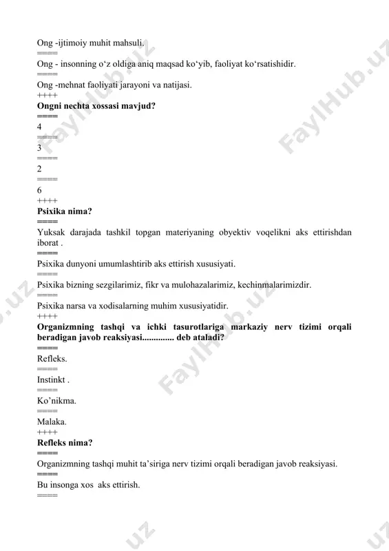 rdan va malakalardan foydalana olish. ==== faoliyatda faollik kо‘rsatish ish-harakatlar yig‘indisi. ==== avtomatlashgan xarakatlar ish-harakatlar yig‘indisi. ==== faoliyatda ish-harakatlar yig‘indisi, avtomatlashgan xarakatlar yig‘indisi. ++++ qaysi olim tomonidan "oliy nerv faoliyati" tushunchasini faoliyat tushunchasiga nisbatan qo’llangan? ==== i.p.pavlov. ==== n.a.bemshteyn . ==== a.n.leontev. ==== s.l.rubinshteyn. ++++ tashqi real ishdan ichki ideal ishga o’tish jarayoni bu.............. ==== interorizatsiya. ==== ish-xarakat. ==== ekstrorizasiya. ==== =sa’y -harakat . ++++ shaxs tushunchasiga to’g’ri ta’rif berilgan qatorni toping? ==== mehnat tufayli hayvonot olamidan ajralib chiqqan. jamiyatda rivojlanuvchi til yordami bilan boshqa kishilar bilan (muloqot) muomalaga kirishuvchi odam. ==== odam boshqa odamlar bilan munosabatda shaxsga aylanadi va jamiyatda yashaydigan komil inson. ==== voqelikni bildiruvchi va uni o’zgartiruvchi sub’ektga aytiladi va jamiyatda yashaydigan komil inson. ==== ongli sub'ekt faoliyatda bo’ladigan muloqot madaniyatiga ega bo’lgan jamiyatda yashaydigan komil inson. ++++ xozirgi zamon psixologiyasida shaxs faolligi manbai – bu ==== ehtiyoj. qiziqish. ==== ishtiyoq. motiv. ==== jinsiy mayllar. ==== motiv. …