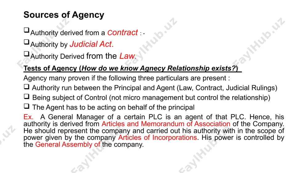 t does not exist; but as a matter of law arising out of the factual position of the parties in the eyes of third parties. this might be happened (a) if in the situation that the principal failed to receive power of attorney from the agent, (b) if the principal failed to communicate partial or full revocation of power of attorney to third parties or (c) where any statement or conduct of principal lead third parties to believe that there is agency relationship. modes of representation 1. disclosed (complete) agency disclosed agency is the mode of representation in which the agent reveals the name of the principal to the third parties with which he/she is interacting (on behalf of the principal). disclosed agency is recognized under art 2189(1) of the civil code in such a way that the representation of the principal by the agent shall have the effect of …