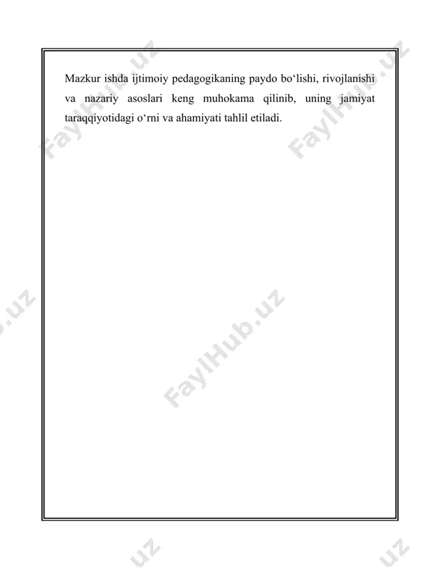 arini yaratgan va ijtimoiy muhitning tarbiyaviy imkoniyatlarini oshirish orqali individning rivojlanishini ta'minlash g'oyasini oldinga surdi. shu bilan bir qatorda, rossiyada ijtimoiy pedagogika 1917 yilgacha juda kam rivojlangan edi. sovet davrida ijtimoiy pedagogika yana bir muhim bosqichni bosib o'tdi. sovet ittifoqi davrida davlat tarbiyaning boshqarilishiga katta e'tibor qaratdi va bolalar va o'smirlarning ijtimoiy muhitda rivojlanishini nazorat qilish maqsadida turli dasturlar va loyihalar ishlab chiqildi. 1980-yillarda pedagogika sohasida yangi yo'nalishlar paydo bo'ldi va ijtimoiy pedagogikaga bo'lgan qiziqish ortdi. 1989-1991 yillarda sovet ittifoqining parchalangan davrida o'rta osiyo davlatlarida, shu jumladan, o'zbekistonda ijtimoiy pedagogikaning rivojlanishi yangi bosqichga ko'tarildi. mustaqillik davrida pedagogikada turli islohotlar amalga oshirildi va ijtimoiy pedagogikaning dolzarbligi oshdi. ushe paytdan beri davlat siyosatida bolalar va yoshlarga ijtimoiy-pedagogik xizmatlar ko'rsatishga qaratilgan chora-tadbirlar faol amalga oshirilmoqda. ko'p mamlakatlarda ijtimoiy pedagogika mutaxassisligini tayyorlashda universitet darajasidagi ta'lim muhim ahamiyat kasb etadi. masalan, germaniyada ijtimoiy pedagogikaning bakalavr va magistr dasturlari mavjud. o'zbekistonda pedagogika va psixologiya institutlari va …