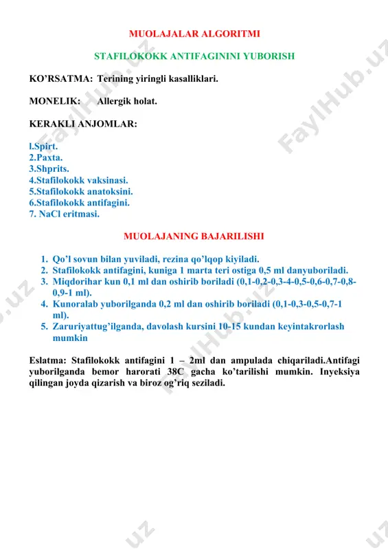 anjomlar tayyorlanadi. 4. hamshira qo’lini yuvib zararsizlantiradi, rezina qo’lqop kiyadi va niqobtaqadi. 5. bemor stulga o’tiradi yoki kushetkaga chalqancha yotqiziladi. 6. bemomi qo’l kafti yuqoriga qaragan holda tirsak bo’g’imi maksimal yozilganbo’ladi va tirsak ostiga yostiqcha qo’yiladi. 7. bemorning tirsak bo’g’imi yuqorisidan rezina jgut bilan bog’lanadi. 8. bemordan qo’lni mushtlab ochishni, 7 – 8marta so’raladi. 9. qo’lning 2 – 3barmoqlari yordamida tirsak sohasi paypaslab ko’riladi, ustispirt bilan artiladi. 10. oldindan tayyorlab qo’yilgan bo’sh shprits igna bilan o’ng qo’lga olinadi. 11. shprits 30li burchak ostida o’ng qo’lda ushlanadi va bemorning terisiteshiladi (igna 1 – 2sm kiritiladi). 12. teshilgan teridan sal yuqorida vena devoriga igna 3 – 4sm kiritiladi. o’ngqo’ldagi. shprits va igna qimirlatmasdan, chap qo’l bilan porshen tortiladi. 5 mlmiqdorda qon tortib olinadi. 13. chap qo’l bilan rezina jguti yechiladi. 14. spirtli paxta igna kiritilgan joyga bosilib, igna shpritsi bilan sekin sug’iribolinadi. 15. bemor tirsak bo’g’ini 2 – 3daqiqa davomida bukilgan holda …