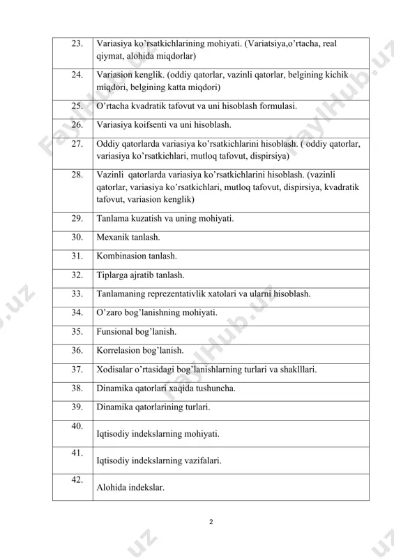 shuncha. 39. dinamika qatorlarining turlari. 40. iqtisodiy indekslarning mohiyati. 41. iqtisodiy indekslarning vazifalari. 42. alohida indekslar. 43. agregat indekslari. 44. grafiklarning turlari. 45. mxtning asosiy tushunchalari va kategoriyalari. 46. mxt va makraiqtisodiy ko’rsatkichlar 47. milliy daromad ko’rsatkichining mxtga hisoblanishi. 48. mxt ning asosiy ko’rsatkichlari. 49. aholining o’sishi va qo’shimcha o’sish suratlari. 50. mehnat resurslari soni va tarkibi statistikasi. 51. milliy boylikning statistik mohiyati. 52. yaim statistakisi. 53. yaim xisoblash usullari. 54. tashqi iqtisodiy aloqalarning mohiyati. 55. import va eksport kvotasi. 56. davlat byujetti daromadlari va xarajatlari ko’rsatkichlari. 57. bank statitikasining asosiy ko’rsatkichlari. 58. pul muomilasi balansi va pul qadrsizlanishini statistic o’rganish. 59. tulov balansi va uning ko’rsatkichlarini statistic o’rganish. 60. aholi turmush darajasini ifodalovchi ko’rsatkichlar. fakultet dekani phd.dotsent g`.ibragimov kafedra mudir phd.dotsent m.mardonov 1
