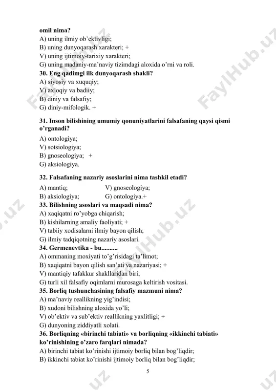 allikning yig’indisi; b) xudoni bilishning aloxida yo’li; v) ob’ektiv va sub’ektiv reallikning yaxlitligi; + g) dunyoning ziddiyatli xolati. 36. borliqning «birinchi tabiati» va borliqning «ikkinchi tabiati» ko’rinishining o’zaro farqlari nimada? a) birinchi tabiat ko’rinishi ijtimoiy borliq bilan bog’liqdir; b) ikkinchi tabiat ko’rinishi ijtimoiy borliq bilan bog’liqdir; v) birinchisi ikkinchisining xosilasidir; g) ikkinchisi birinchisining xosilasidir. + 37. substantsiya tushunchasi nimani anglatadi? a) dunyodagi rang-barang predmet va xodisalarning aloqadorligi, umumyaxlitligini; + b) narsalarning tarkibini tashkil etuvchi asoslarni; v) materiyaning namoyon bo’lishidagi konkret bir ko’rinishini; g) elementar zarrachalarning yig’indisini. 38. monistik ta’limotlarning tub moxiyati nimadan iborat? a) olamning birligi to’g’risidagi qarashlarning to’g’riligiga ishonchda; b) olamning birligini inkor etuvchi qarashlar; v) olamning birligini bir substantsiyadan tarkib topadi degan qarash.+ g) olam ikki yoki ko’p substantsiyalardan tarkib topadi degan qarashlar. 39. materiyaning falsafiy tushunchasi va uning asosiy xossasi? a) uning moddiyligida; + b) uning mavjudligida; v) uning in’ikos etdirilishida; g) uning o’zaro aloqadorligida. 40. makrodunyo …