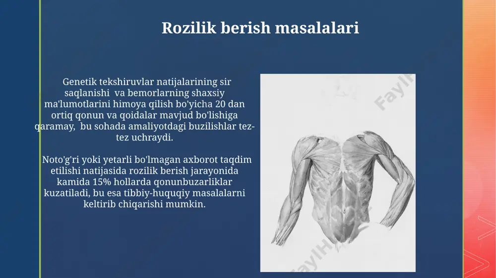 sh jarayoni muhim ahamiyatga ega bo‘lib, kamida 5 ta aniqlovchi omilni olib tashlash talab etiladi. bemorlarning huquqlari va maxfiyligi patologik anatomiya bo'yicha 5 yildan ortiq tajribaga ega bo'lmagan mutaxassislar bemorlarning shaxsiy ma'lumotlari va kasallik tarixini faqat rahbar shifokor nazorati ostida ko'rishlari mumkin, bu ma'lumotlarning oshkor qilinishining oldini olish uchun zarur chora. bemorning yozma roziligisiz uning patologik tekshiruv materiallari va natijalari uchinchi shaxslarga, hatto ilmiy tadqiqotlar uchun ham, 100% ishonchli himoyalangan elektron ma'lumotlar bazasidan tashqarida taqdim etilmasligi kerak. mojaroli vaziyatlar va ularni hal qilish otopsi materiallarini 2 yildan ortiq saqlash me'yorlarini buzish va bu holatlarning 5% dan ortig'i aniqlanganda, tegishli jazo choralari va axloqiy mas'uliyatni aniqlash kerak. noto'g'ri tashxis qo'yish natijasida kelib chiqadigan 10 ta tibbiy xatoga oid misollar va bunday holatlarda shifokorlarning axloqiy javobgarligini, huquqiy tomonlarini tahlil qilish zarur. noto'g'ri tashxis qo'yishning oqibatlari noto'g'ri patologik tashxis, masalan, saraton kasalligini aniqlashda xatolik, 5-10 yil ichida bemorning umrini qisqartirishi va davolashning samaradorligini …