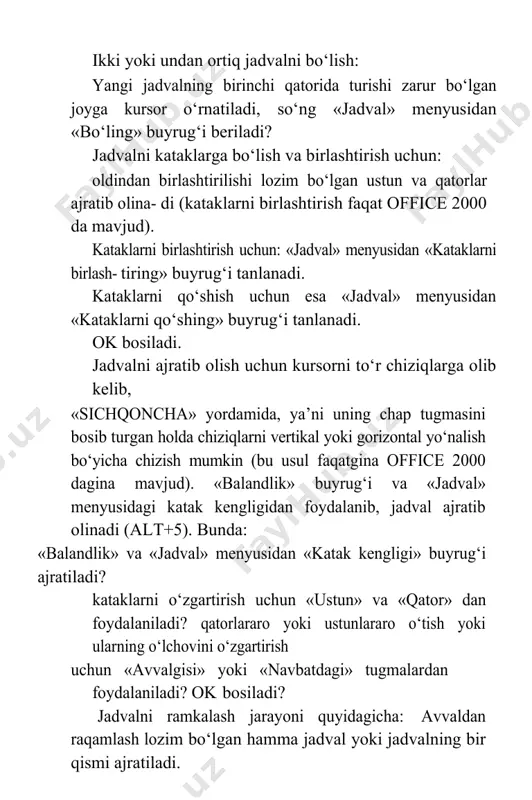 ni quyidagicha: avvaldan raqamlash lozim bo‘lgan hamma jadval yoki jadvalning bir qismi ajratiladi. «chegara» va «qo‘shish kerak» buyruqlari tanlanadi. ustun va qatorlarni joylashtirish uchun: yangi qator yoki ustunlar qo‘yilishi lozim bo‘lgan joy ajratib olinadi va yangi «qator» yoki «ustun» qo‘yiladi? «jadval» menyusidan «qator» yoki «ustun» ni «qo‘ying» buyrug‘i tanlanadi. «jadvallar ustasi» yordamida jadvallarni joylashtirish. «jadval» menyusidan «jadvalni joylashtiring» buyrug‘ini tanlang? jadvaldagi qator va ustunlar sonini kiriting? «usta» tugmasini bosing? muloqot oynasi jadval uslubini tanlab, «qadam» tugmasini bosing? jadval sarlavhasi tipini tanlang? jadvalda saqlanayotgan axborot tipi (matn, sana va boshqalar) ni tan- lang? varaqdagi jadvalni mo‘ljallash (kitob yoki albom) «yayyor» tugmasi- ni bosing? muloqot oynasida paydo bo‘lgan jadvallar «avtoformat» idan tanlan- gan jadval turini tanlang? ok ni bosing. matnga joylashtirilgan grafik tasvirlar matnni yanada tushunarli ho- latga keltiradi. word ni ishlatib, hujjat matnini foto surat, tasvirlar bilan yanada go‘zalroq bezash mumkin. grafik obyektlar bir necha manba yordamida hosil qilinishi mumkin: yayyor …