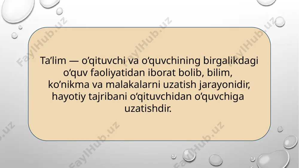 sayin, ayniqsa, maktab davrida ijtimoiy-psixologik stimullarning roli ortadi. to’rtinchidan, tashqi stimullarga qaraganda ichki stimullarning roli ortib boradi. turli yosh davrlarida pedagogik bahoning qulay usullari va sharoitlarini ko‘rib chiqamiz. tarbiya — bolaning ijtimoiy muhitda o‘z o‘rnini topishni o‘rganishi hamda insonning hayotiy ko‘nikma va malakalarga ega bo‘lishidir. ta’lim jarayonining markazida shaxsning bilish va anglash jarayoni, uning qobiliyati, ilm o‘rganishi yotsa, undan farqli o‘laroq tarbiya insonni shaxs sifatida shakllanishiga, uning dunyoqarashi va jamiyatga munosabatiga qaratiladi. kognitiv tarbiya ta’siri kishining bilim tizimlariga yo‘naltirilgan bo’lib, uni o‘zgartirish, mukammallashtirishni maqsad qilib qo‘yadi. hozirgi zamon olimlarining fikriga ko’ra, insonning dunyo haqidagi bilimlari uni shaxs sifatida namoyon etib qolmay, balki uning xulq-atvoriga ham katta ta’sir ko‘rsatadi. so‘nggi paytlarda shaxsga psixoterapevtik va psixokorreksion ta’sir vositalari va uslublarini qo‘llash keng tarqalmoqda. odatda, psixoterapiya pedagogik psixologiyaning bir bo’limi emas, balki to‘la psixogen tabiatga ega bo’lgan, insonning psixologik holatiga bog’liq kasalliklarni davolash yoki ularni oldini olish vositasi deb tushunilgan. hozirgi paytda dunyoning …