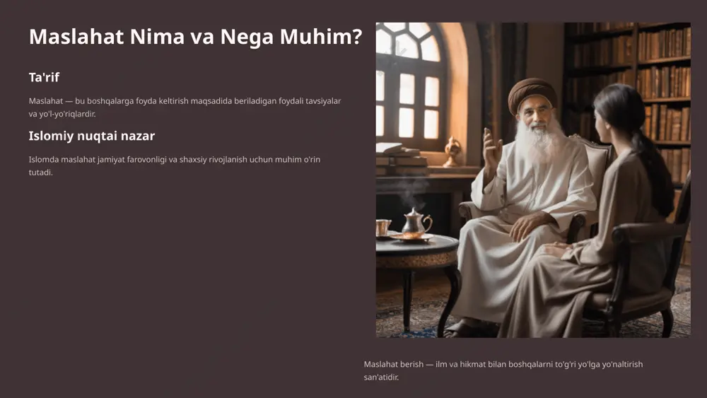 oimiy o'rganish va amaliyot orqali rivojlanadi maslahat berishning islomiy huquqiy tamoyillari 1 shariat muvofiqlik maslahat shariatga zid bo'lmasligi kerak. barcha tavsiyalar islomiy qonunlar doirasida bo'lishi shart. 2 umumiy manfaat (maslaha) maslahat berishda maslahatning umumiy manfaatga xizmat qilishi va jamiyat farovonligini ta'minlashi kerak. 3 zarar keltirmaslik zarar keltirmaslik tamoyili (la darar wa la dirar) — maslahat hech kimga zarar yetkazmasligi kerak. 4 yengillik berish qiyinchilikda yengillik berish (al-mashaqqa tajlib at-taysir) — murakkab vaziyatlarda oson yechimlar izlash. maslahat berishdagi asosiy maqsadlar diniy himoya diniy e'tiqod va amallarni saqlash va mustahkamlash hayot himoyasi jismoniy va ruhiy salomatlikni saqlash va rivojlantirish aql rivojlantirish bilim olish va aqliy qobiliyatlarni oshirishga yo'naltirish nasl davomiylik oila institutini mustahkamlash va avlodlar farovonligi mol-mulk himoyasi halol rizq va mol-mulkni saqlash hamda to'g'ri sarflash tarixiy maslahat misollari 1 umar ibn xattob (r.a.) iroqni taqsimlashdagi hikmatli maslahatlari va adolatli boshqaruv tamoyillari. yerlarni davlat mulki qilish to'g'risidagi maslahat. 2 abu bakr siddiq …