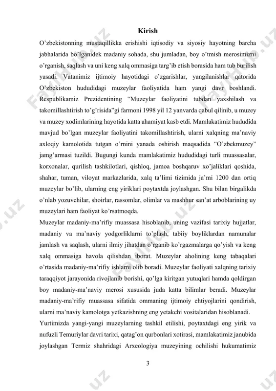 azmun va ma’no jihatdan umumlashtirilishi, muzeylar tuzilishi uslubiyati, muzeylarning yig’uv-to’plov, ilmiy sharhlov hamda noshirlik faoliyatining ilmiy asoslari, muzey ekspozitsiyalarini tashkil etish va takomillashtirish, ularni targ’ib va tashviq qilish, muzey xazina-fondida saqlanayotgan noyob-nodir eksponatlar tarixi va hozirgi holati, umuman muzeylar va ularning faoliyati bilan bog’liq masalalar o’rganiladi yuqoridagi vazifalarni amalga oshirish hamda o’quv yili davomida muzeyshunoslik fani doirasida egallangan nazariy bilimlarni yanada mustahkanlash, respublikamizdagi muzeylar faoliyati bilan bevosita tanishib yangi bilim va ma’lumotlarga ega bo’lish maqsadida biz tarix yo’nalishi 3 bosqich talabalari uchun 29.05.2023 dan 03.06.2023 gacha muzeyshunoslik amaliyoti tashkil etillib unda biz toshkent shahrida joylashgan muzeylarga tashrif buyurish, muzeylar faoliyati bilan tanishish va o’z navbatida nazariy bilimlarimizni amaliyotda qo’llash imkoniyatiga ega bo’ldik. 2.1. fakultetda amaliyotga bag’ishlangan davra suhbati bugun 29-may kuni biz 103 guruh uchun muzeyshunoslik amaliyoti boshlandi. bugun 11:30 da fakultetda manbashunoslik va arxivshunoslik kafedrasi ustozlari botirov elbek, nazarov aziz, musoyev umrzoq ustozlar ishtirokida arxivshunoslik tanishuv amaliyotiga bag’ishlangan davra …