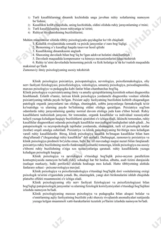 kasallikning ichki nozik kechinmalarini, shaxsning kasallikga javob reaksiyasini va bu xolatning davolashga ta’sirini o‘rganadi. 3. shifokorlik faoliyati psixologiyasini, tibbiy xodim va bemor o‘rtasidagi munosabatlarni o‘rganadi. 4. psixosomatik va somatik kasalliklarning bir-biriga bog‘liqligini o‘rganadi. 5. individuallikni (temparament, xarakter, shaxs), evolyutsiya va ontogenezdagi postnatal bosqichlarni (bolalik, o’spirinlik, o‘smirlik, yetuklik va qarilik davrlari) o‘rganadi. 6. tibbiy deontologiya, shifokor burchi, etikasi va shifokor siri masalalari o’rganadi. xususiy tibbiy psixologiya yuqoridagi barcha savollarni aniq bir tibbiy yo’nalish bo‘yicha o‘rganadi: xirurgiya, terapiya, pediatriya, sanitariya, gerantologiya, nevrologiya, psixiatriya va b.q. xususiy tibbiyot psixologiyasi shifokor etikasini, turli xil kasalliklarda, xarbiy, sud va mexnat ekspertizasi aspektlarida bemorlarni ruhiy xususiyatlarini to‘liq ochib beradi. quyidagilarga e’tiborni qaratishimiz va o‘rganishimiz kerak: 1. nerv – psixik buzilishning chegaralangan formasida bemorning psixologiyasi xususiyatlari; 2. operatsiyagacha, operatsiyada va operatsiyadan keyingi davrlarda bemorlar psixologiyasi; 3. yurak-qon tomir, infeksion, o‘sma, genikologik, nerv va teri kasalliklarida bemorlarning psixologiyasi. tibbiy psixologiya kasallikning rivojlanishida, kechishida va davolash bosqichlarida psixik faktorlar …