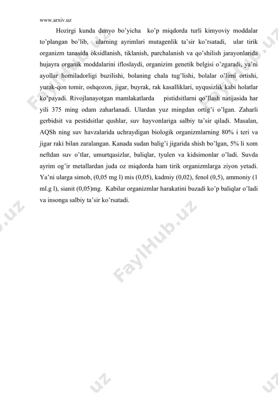 0. qodirov e.b. va boshqalar. tabiiy muhitni muhofazalashning ekologik asoslari. t., “o’zbekiston”, 1999. 11. ergashev a., ergashev t. ekologiya, biosfera va tabiatni muhofaza qilish. t., “yangi asr avlodi”, 2005. 12. xolmurodov j. ekologiya va qonun. t., “adolat”. 2000. 13. www.ziyonet.uz