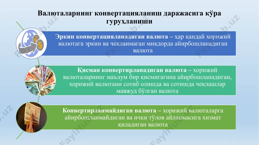 imkoniyati cheklangan. norasmiy tashkil etilgan ochiq moliya bozorlari - ushbu bozorlarga kirish imkoniyati cheklanmagan. birlamchi bozor - yangi chiqarilgan moliyaviy aktivlar savdosi amalga oshiriladi. ikkilamchi bozor - mavjud moliyaviy aktivlar savdosi amalga oshiriladi. doimiy bozor - operatsiyalar maxsus xonalarda, uskunalarda va informatsion texnologiyalar yordamida xohlagan vaqtda amalga oshiriladi va doimiy bo'lmagan bozorlar (masalan, kimoshdi savdolar (auktsionlar) o'tkaziladi). spekulyantlar – moliyaviy instrumentlarning kurslaridagi farq hisobiga foyda olishni ko'zlagan ishtirokchilar treyderlar – moliyaviy instrumentlarning kurslari o'zgarishidan foydalangan holda bir yoki bir nechta shartnomalar asosida foyda olishni ko'zlagan jahon moliya bozori ishtirokchilari arbitrajchilar – bir vaqtning o'zida turli bozorlarda, turli narxlar asosida moliyaviy resursni sotib olish va sotish orqali foyda ko'radigan jahon moliya bozori ishtirokchilari xedjerlar – valyuta kurslarining kelgusida salbiy tomonga o'zgarishidan ko'riladigan moliyaviy zararning oldini olish bilan shug'ullanuvchi ishtirokchilardir valyuta bozorlarida valyuta operatsiyalarning asosiy shakllari spot operatsiyalari - bitim natijalarini darhol amalga oshirish bilan "bugungi kun" narxlarida "bugun" amalga oshiriladigan shoshilinch …