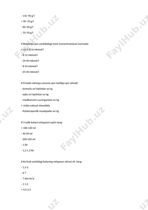 25 - 30–35 - 60–70 # 5 yoshli sog‘lom bola 1 minutda nafas soni qancha: - 40–60 - 35–40 - 30–35 + 25 - 18–20 # 10 yoshli sog‘lom bola 1 minutda nafas soni qancha: + 18–20 - 20–30 - 25 - 30–35 - 40–60 # piuriya sindromi - bu: - siydikdagi leykotsitlar - siydikdagi eritrotsitlar + siydikdagi leykotsitlar va bakteriyalar - siydikdagi eritrotsitlar va bakteriyalar - siydikdagi oqsil # ko‘ks oralig‘ining zararlangan tarafga siljishi kuzatiladi: - gemotoraksda - pnevmotoraksda - gidropnevmotoraksda - lobar emfizemada + o‘pka atelektazida # bolalarda alveolalarning intensiv rivojlanishi qachon kuzatiladi: + tug‘ilgandan 2 yoshgacha - 2 - 5 yosh - 5 - 7 yosh - 7 - 10 yosh - 10 - 14 yosh # chap o‘pka tashkil topgan: - 8 segmentdan + 9 segmentdan - 10 segmentdan - 11 segmentdan - 12 segmentdan # oliguriya - bu: - uvelichenie sutochnogo kolichestva mochi + umenshenie …