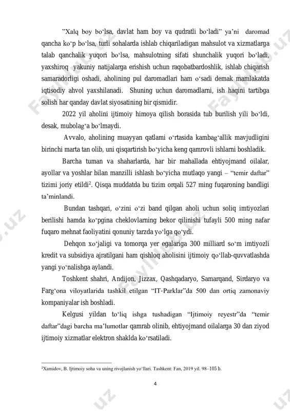 lgan “it-parklar”da 500 dan ortiq zamonaviy kompaniyalar ish boshladi. kelgusi yildan to‘liq ishga tushadigan “ijtimoiy reyestr”da “temir daftar”dagi barcha ma’lumotlar qamrab olinib, ehtiyojmand oilalarga 30 dan ziyod ijtimoiy xizmatlar elektron shaklda ko‘rsatiladi. 2xamidov, b. ijtimoiy soha va uning rivojlanish yo‘llari. tashkent: fan, 2019 yil. 98–105 b. 5 birinchi navbatda, kambag‘al aholining asosiy ehtiyojlarini kafolatli ta’minlashimiz lozim. bu masalada xalqaro ekspertlar bilan chuqur tahlil asosidagi hisob-kitoblar yakuniga yetkazilmoqda. kelgusi yil 1 martdan boshlab aholining minimal iste’mol xarajatlari miqdorie’lon qilinadi. “temir daftar”ga kiritilgan har bir fuqaroni kambag‘allikdan chiqarish bo‘yicha “motivatsiya, ko‘nikma va moliyaviy ko‘mak” tamoyili asosida yangi mexanizm joriy etiladi. kambag‘allikdan chiqib ketish uchun eng muhim omil – bu insonning intilishi, o‘z kuchiga tayangan holda, aniq maqsad sari harakati bo‘lishi kerak. shu maqsadda kelgusi yili mahallalarda aholini kasb-hunarga o‘qitish bo‘yicha mingdan ziyod markazlar tashkil etiladi. bunda kasb-hunarga o‘qitilgan har bir shaxs uchun o‘quv markazlariga 1 million so‘mgacha subsidiya berilib, buning uchun budjetdan …