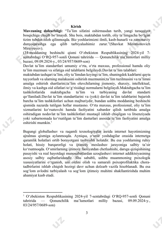 oʻrta taʼlim maktabi,10-a sinf o‘quvchilari. kurs ishining metodologik asoslari: ushbu kurs ishining metodologik asosini psixologiya fanining umumiy nazariy tamoyillari, shaxs rivojlanishi va ijtimoiy psixologiya nazariyalari tashkil etadi. tadqiqot jarayonida o‘smirlarning internetga qaramlik holatini o‘rganishda zamonaviy psixologik konsepsiyalar va ilmiy-amaliy tadqiqotlar natijalari asos qilib olingan. shuningdek, ishda kuzatish, so‘rovnoma, suhbat, psixologik test metodlari va taqqoslash usullaridan foydalanilgan. kurs ishining nazariy ahamiyati: mazkur kurs ishining amaliy ahamiyati shundan iboratki, tadqiqot natijalari asosida o‘smirlar orasida internetga qaramlikni aniqlash, uning oldini olish va profilaktika choralarini ishlab chiqish mumkin. shuningdek, psixologlar, maktab va kollej pedagog-psixologlari hamda ota-onalar uchun amaliy tavsiyalar tayyorlash imkonini beradi. tadqiqotda qo‘llanilgan metodikalar va so‘rovnomalar esa o‘quvchilarning ruhiy holatini baholash va internet addiktsiyasi darajasini aniqlash jarayonida qo‘llanishi mumkin. kurs ishining amaliy ahamiyati: o‘smir yoshdagilarning internetga qaramlik darajasi va uning psixologik xususiyatlarini aniqlashga oid uslub va tavsiyalar ishlab chiqiladi. tadqiqot natijalari o‘quv muassasalari psixologlari, ota-onalar va pedagoglar faoliyatida internetga qaramlikni barvaqt aniqlash hamda …