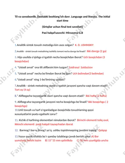 til va savodxonlik dastlabki boshlang’ich davr — DOCX