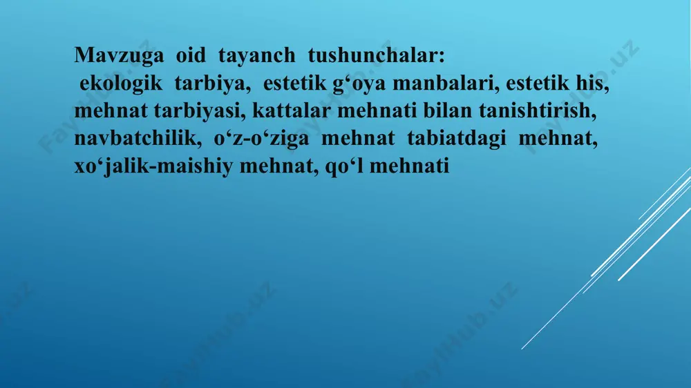 namoyish etish) 2.amaliy(o‘yin tarzida). 3.og‘zaki(hikoya, tushuntirib berish,badiiy asarlami o‘qib berish). ko‘rgazmali usul-kuzatishlar tarbiyachi tomonidan bolalarni o‘simlik,hayvonlar,ob-havo bilan, kattalarning tabiatdagi mehnati bilan tanishtirish tashkil etiladi. kuzatishlar mashg‘ulotda, sayrda, ekskursiyada, tabiat burchaklarida olib boriladi. uni bolalar amaliy faoliyat bilan qo‘shib olib borsalar yaxshi natijaga erishish mumkin.maktabgacha ta’lim tashkilotida foydalaniladigan diafilmlar mttta’lim-tarbiya dasturi asosida ishlab chiqilgan. diafilm tarbiyachiga dastur mazmunini ma’lum sistema asosida bolalarga qiziqarli qilib yetkazishga yordam beradi. oynayi jahon orqali beriladigan «ukim,bunima?»ko‘rsatuvi, radio orqali beriladigan «ertaklar olamiga sayohat»o‘yin-eshittirishi orqali bolalar u yoki bu o‘lkaning tabiati,hayvonot olami,xalqlarning urf-odati bilan tanishadilar. axloqiy sifatlari tarbiyalanadi. ularda namoyish etilgan teleko‘rsatuvlar orqali tabiatda yuz berayotgan jarayonlar,o‘simlik,hayvonlar olami to‘g‘risida to‘laqonli tasavur hosil bo‘ladi og‘zaki usul-bolalarga ekologik tarbiya berishda tarbiyachining tushuntirishi, hikoya qilib berishi, xalq maqollaridan, masallaridan foydalanishi, suhbat kabi og‘zaki metodlarning o‘rni kattadir. amaliy usul-bolalarni tabiat bilan tanishtirishda tabiiy materiallar bilan o‘ynaladigan didaktik o‘yinlardan foydalanish maqsadga muvofiq. buning uchun meva-sabzavotlar, daraxt novdalari, xona gullaridan foydalanish mumkin.bolalarni o‘simliklar …