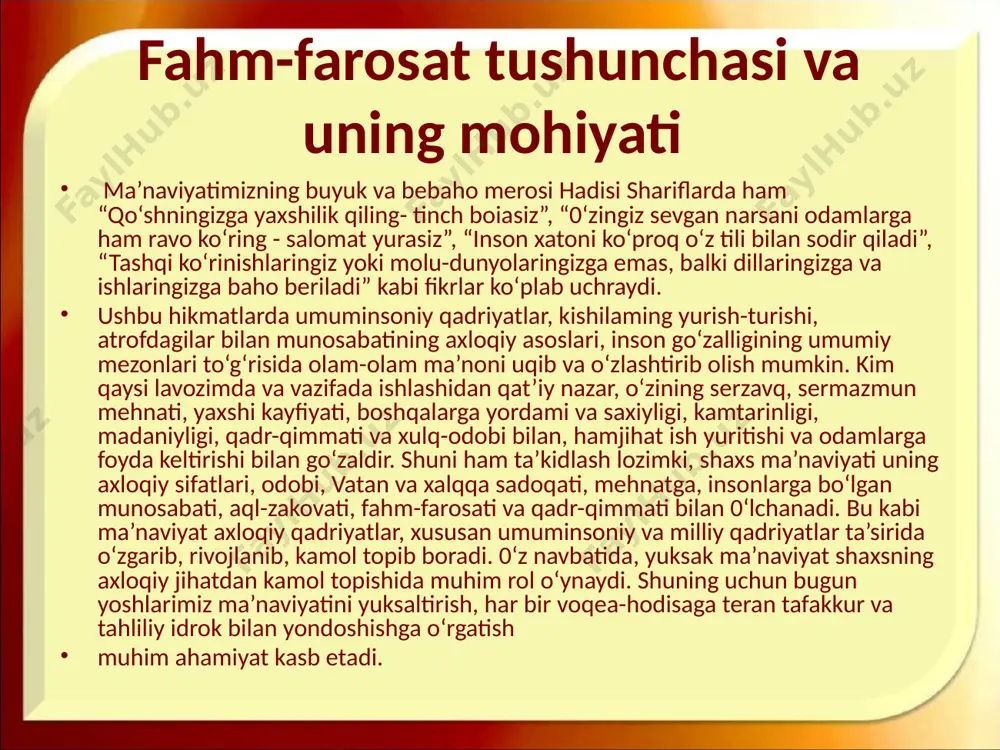 azifasi tasvirlash, tushuntirish bilan birga, yana muhimi, fahmlashdir. fahmlash, idrok etish o‘rganiladigan ob’ekt yoki sohaning insoning maqsadi va idialiga muvofiqligini izohlash (interpretatsiya) demakdir.fahmlash, idrok etish insoniylik mohiyatini aniqlash bilan bog‘liq bo‘lgan jarayondir. ibn sino, inson tarbiyasi borasida ibn sino, “inson boshqa barcha hayvonot olamidan so‘zi, tili va aqli, tafakkur qilishi bilan farq qiladi. inson aqli turli fanlami o‘rganish yordamida boyiydi”, deb hisoblaydi. forobiy fikricha, inson o‘z tabiatiga ko‘ra hayotini tartibga keltirish, mustahkamlash va takomillashtirish uchun boshqa insonlarga muhtoj bo‘ladi. yakka holda hech kim bunnig uddasidan chiqa olmaydi. “inson shunday maxluqotki, u faqat jamiyatda o‘z ehtiyojlarini qondirishi va oliy ma’naviy darajaga ko‘tarilishi mumkin”* . inson o‘z hayotining me’mori, ijodkori bo‘lmog‘i, o‘zida fozila xislatlar, iste’dodlami tarbiyalashi lozim. bunga esa u jamiyatda yashab faoliyat ko‘rsatgandagina erishadi. inson ijtimoiy mavjudod. yolg‘izlik uzlat uni qashshoqlashtiradi, insoniy qiyofasini va baxtga olib boradigan iste’dodini yo‘qotadi. ibn xaldun insonga ijtimoiy voqelik sifatida qaraydi. undan ijtimoiy mohiyat izlaydi. inson …