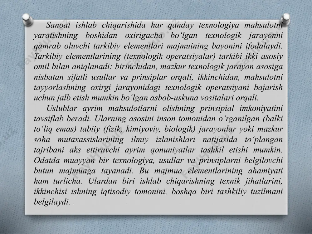 gdek, resurs ham hisoblanadi. uni qayta ishlash jarayonini xuddi moddiy resurslarni qayta ishlash jarayoni kabi texnologiya sifatida qabul qilish mumkin. axborot-kommunikatsiya texnologiyalari – ob’ektning (axborot mahsu-lotining) holati, jarayon yoki voqeaning yangi xususiyati to‘g‘risida axborot olish uchun ma’lumotlarni yig‘ish, qayta ishlash va uzatish vositalari va usullari majmuidan foydalaniladigan jarayondir. moddiy ishlab chiqarish texnologiyasining maqsadi – inson yoki tizimning ehtiyojini qondiruvchi mahsulot ishlab chiqarish sanaladi axborot-kommunikatsiya texnologiyalarining maqsadi esa – axborot ishlab chiqarish bo‘lib, uni tahlil etish va uning asosida biror-bir harakatga qo‘l urish uchun tegishli qaror qabul qilish. ma’lumki, bitta va faqat o‘sha moddiy resursga nisbatan har-xil buyum yoki mahsulot olish mumkin. axborotlarni qayta ishlash texnologiyasiga nisbatan ham shunday bahoni bersa bo‘ladi. axborot-kommunikatsiya texnologiyalari. axborotlarni yig‘ish, uzatish, to‘plash, qayta ishlash, saqlash, taqdim etish va foydalanish uslublari va usullari tizimi axborot-kommunikatsiya texnologiyalari deb yuritiladi. moddiy va axborot-kommunikatsiya texnologiyalarining asosiy komponentlarini qiyoslash 12.1-jadvalda berilgan. axborot-kommunikatsiya texnologiyalari avtomatlashgan va an’anaviy(qog‘oz) ko‘rinishda amalga oshiriladi. avtomatlashtirish …