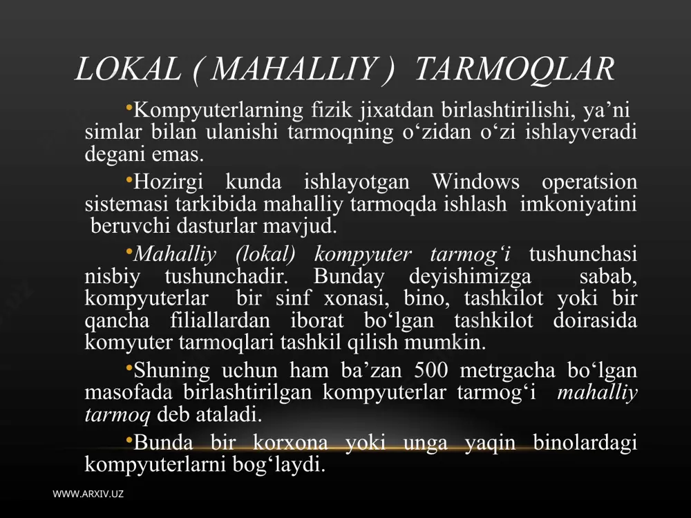 . aloqa tarmoqchasi ma’lumotlarni uzatish kanali va kommunikatsiya uzellaridan iborat. mijoz-foydalanuvchilar ishlaydigan kompyuter ishchi stantsiyalar deb yuritiladi. foydalanuvchilar taqdim etadigan tarmoq resurslari manbai serverlar deb yuritiladi. serverlar-tarmoq bo‘ylab axborotni tez uzatish uchun, axborotni dasturiy ta’minot yordamida turli vazifalarni bajaruvchi kompyuterlardir. bu uzellar aloqa tarmog’ining ishlash samaradorligini ta’minlaydi. ko‘rib chiqilgan tarmoq uzelli hisoblanadi va global tarmoqda qo‘llaniladi. www.arxiv.uz www.arxiv.uz internet - global kompyuter tarmog’ining paydo bo‘lish tarixi 1957 yil arpa (advanced research projects agency) tashkiloti to‘zildi. 60-yillar oxirida darpa (defense advanced research project agency) arpanet tajriba tarmog’ini tashkil etish haqida qaror qabul qildi. ilk bor tarmoq 1972 yilda namoyish etildi. u 40 ta kompyuterdan iborat bo‘lib, asosiy to‘zilish printsipi tarmoqdagi barcha kompyuterlarning teng huquqli bo‘lishi edi. 1975 yil arpanet tajriba tarmog’i maqomini harakatdagi (amaliy) tarmoq maqomiga o‘zgartirdi. 80-yillar boshida tarmoqda mashinalarning o‘zaro ta’sir protokollari standartlashtirildi. boshlang’ich variant tcp/ip (transfer control protocol/internet protocol). bbn kompaniyasi bilan shartnoma to‘zildi, bu esa tcp/ip ni …