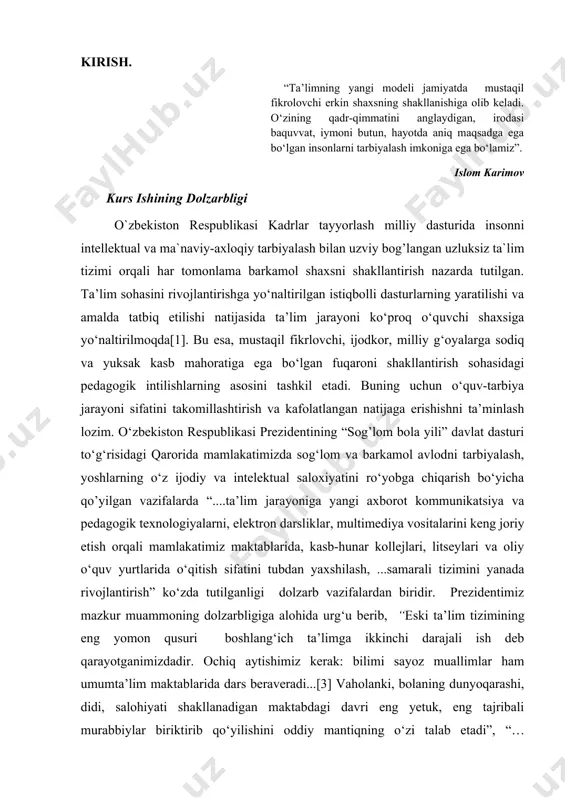 ollejlari, litseylari va oliy о‘quv yurtlarida о‘qitish sifatini tubdan yaxshilash, ...samarali tizimini yanada rivojlantirish” kо‘zda tutilganligi dolzarb vazifalardan biridir. prezidentimiz mazkur muammoning dolzarbligiga alohida urg‘u berib, “eski ta’lim tizimining eng yomon qusuri boshlang‘ich ta’limga ikkinchi darajali ish deb qarayotganimizdadir. ochiq aytishimiz kerak: bilimi sayoz muallimlar ham umumta’lim maktablarida dars beraveradi...[3] vaholanki, bolaning dunyoqarashi, didi, salohiyati shakllanadigan maktabdagi davri eng yetuk, eng tajribali murabbiylar biriktirib qо‘yilishini oddiy mantiqning о‘zi talab etadi”, “…kelajagimiz poydevori bilim dargohlarida yaratiladi, boshqacha aytganda, xalqimizning ertangi kuni qanday bо‘lishi farzandlarimizning bugun qanday ta’lim-tarbiya olishiga bog‘liq”, deya ta’kidlaydilar[4]. zamonaviy pedagogik texnologiya va ularning ta’limda qо‘llanishga oid bilimlar, tajriba о‘quvchilarni yuksak bilimli va intellektual salohiyatga, yetuk malakaga ega bо‘lishlarini ta’minlaydi. shu fikrga yondashgan xolda bitiruv malakaviy ish dolzarbligini geografiya fanini o’qitishda rivojlanib borayotgan yo’nalishlardan biri-zamonaviy pedagogik texnologiyalarni o’quv jarayonida qo’llash orqali o’quvchilarni faollashtirishga, mustaqil fikrlashga, o’quv jarayonining yuqori sifat va samaradorligiga erishishdan iborat deb belgiladik. kurs ishining maqsadi: o’quvchilarda …