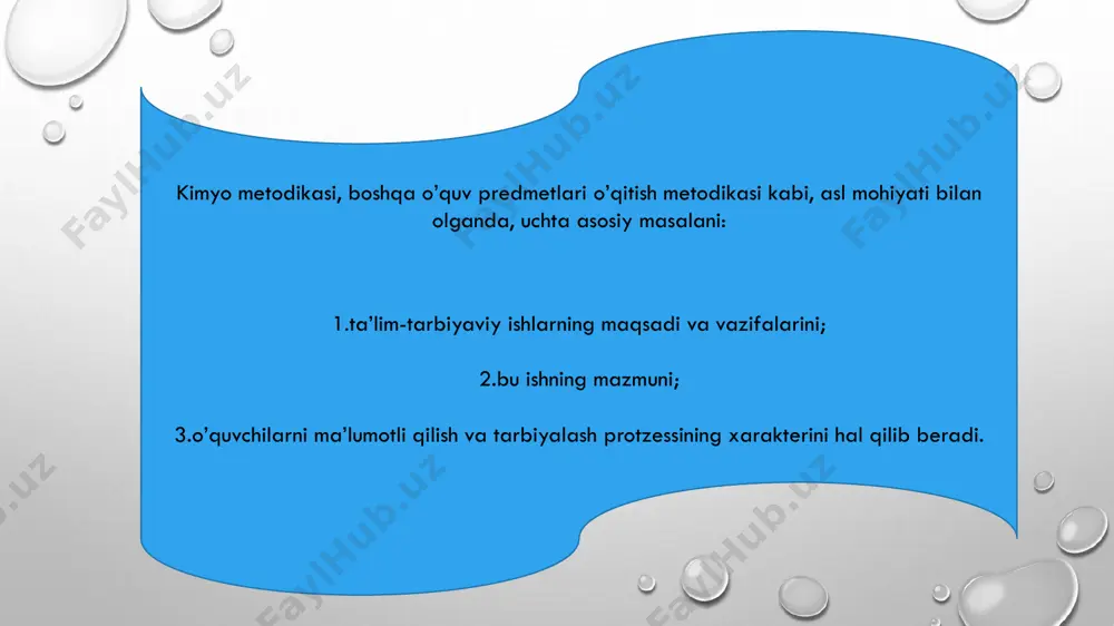 quvchi faoliyatiga yangilik, o’zgarishlar kiritish bo’lib, uni amalga oshirishda asosan interaktiv metodlardan foydalaniladi. interaktiv metodlar – bu jamia bo’lib fikrlash, ya’ni pedagogik ta’sir etish usullari bo’lib, ta’lim mazmunining tarkibiy qismi hisoblanadi. uning o’ziga xosligi shundaki, jarayon faqat pedagog va o’quvchilarning birgalikda faoliyat ko’rsatishi orqali amalga oshiriladi. ma’ruza- katta hajmdagi o’quv materialini nisbatan uzoq vaqt davomida monolog tarzida bayon etish. hikoya- unchalik ko’p bo’lmagan, ta’riflovchi xususiyatga ega bo’lgan o’quv mavzusini monolog shaklida aytilishiga yordam beradigan bayon tarzi. tushuntirish- so’zlab berilayotgan mavzu materialining turli holatlarini tahlil qilish, asoslash, izoh bearish va isbotlash yordamida o’quv materialini bayon qilish. kimyo o’qitish natijalarini nazorat qilish 1.og'zaki so'rash so’rash-o’quvchilarning o’zlashtirishini hisobga olishning asosiy shakli.o’quvchilardan o’tilgan darsni so’rash og’zaki va yozma tarzda olib boriladi. nazorat yozma ishlari o’quvchilar bilimini to’liq tekshirib ko’rishga yordam beradigan tejamli vosita- nazorat yozma ishlaridir. kimyoda yozma ishlar o’tkazish o’quvchilarning kimyoviy tildan foydalansa bilishlari, hisoblar qila olishlari, o’z bilimlarini ifodalash vositasi hisoblangan rasmlardan …