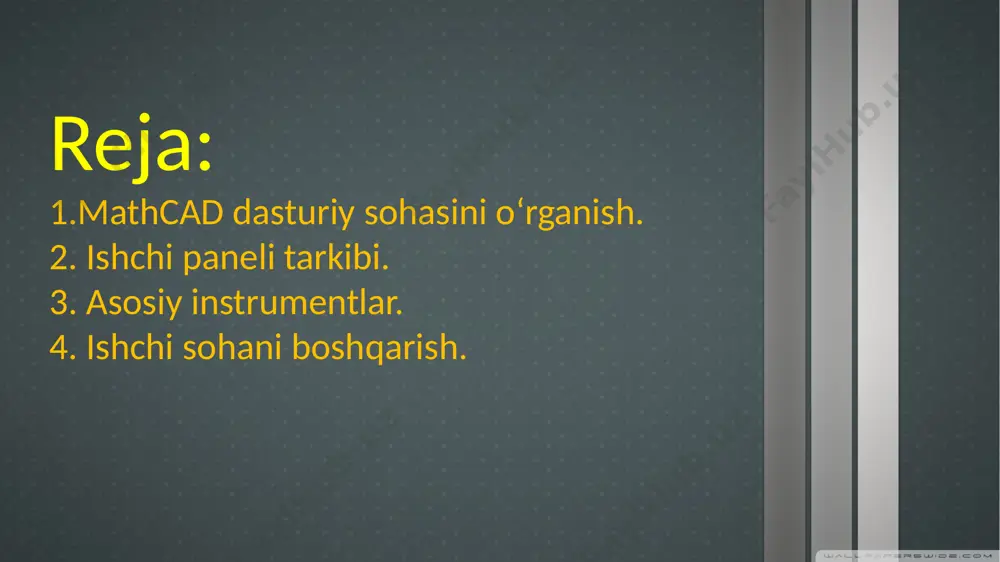 ada matematik vazifaning yechilishi dasturlashdan algoritmik tuzilishiga o’tadi. ma’lumotlar turiga sonli konstantalar, odatiy va tizimli oʻzgaruvchilar, massivlar, (vektorlar va matritsalar) va fayl turdagi ma’lumotlar. image1.jpg image2.png image3.png /docprops/thumbnail.jpeg