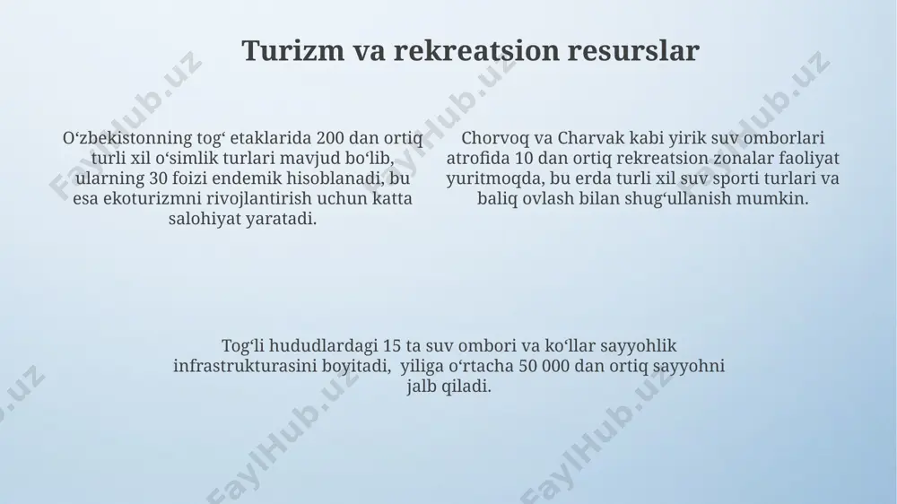 bahorda suv oqimining keskin oshishi kuzatiladi, bu esa 2-3 baravar koʻpayishini keltirib chiqaradi. tuproq va oʻsimlik dunyosi uzbekistan togʻ etaklaridagi tuproqlarning 70% dan ortigʻi qoʻngʻir-qoʻngʻir tuproqlar bilan qoplanib, ularning unumdorligi oʻsimlik turlarining xilma-xilligi bilan bogʻliq. oʻsimliklarning 30% gacha qismi shifobaxsh xususiyatlarga ega boʻlib, anʼanaviy tibbiyotda keng qoʻllaniladi, ularning kimyoviy tarkibi hali toʻliq oʻrganilmagan. togʻ etaklarida 200 dan ortiq endemik oʻsimlik turlari mavjud boʻlib, ularning koʻpchiligi noyob va himoya qilinuvchi turlar hisoblanadi. e'tiboringiz uchun rahmat @taqdimot_robot image4.png image3.jpeg