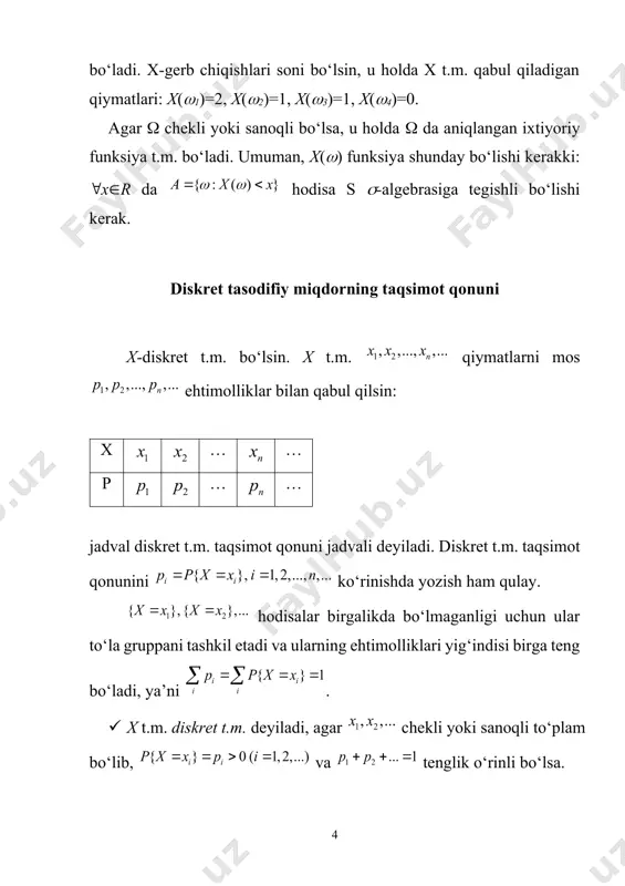 ,2 xxx === 03 28 1 3 10 567 {0}; 12015 cc ppx c × ===== 12 28 2 3 10 567 {1}; 12015 cc ppx c × ===== 21 28 3 3 10 81 {2} 12015 cc ppx c × ===== 7 15 1 15 3 1 771 1 151515 i i p = =++= å (){}{:()} fxpxxpxx ww =<=< 1212 ,,...,,,... xxyy 0()1 fx ££ 12 ()() fxfx £ ()lim()0,()lim()1 xx ffxffx ®-¥®+¥ -¥==+¥== 0 0 0 lim()() xx fxfx ®- = 12 {},{} axxbxx =<=< ab í ()() papb £ 12 ()() pxxpxx <£< {} x <-¥=æ {} x <+¥=w ,... , 2 1 z z (){}{}0 fpxp -¥=<-¥=æ= (){}{}1 fpxp +¥=<+¥=w= 0 {},{} nn axxaxx =<=< 0 n xx ­ n n aa = u