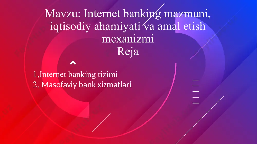 ‘lsa, masofaviy bank xizmatlarining asosiy tamoyili mijoz va bank o‘rtasida turli axborotlarning masofadan almashinuvi hisoblanadi. tranzaksion banking moliyaviy operatsiyalarni amalga oshirishga imkoniyat yaratadi. bunda bank tomonidan mazkur amaliyotning xavfsizligi ta’minlanadi. 04 www.presentationgo.com © presentationgo.com by: .com © copyright presentationgo.com – the free powerpoint template library 7 bank hisobvaraqlariga masofadan xizmat ko‘rsatish tizimlarining turlari: 01 02 03 bank-mijoz internet-banking sms-banking mobil banking 04 javob www.presentationgo.com © presentationgo.com by: .com © copyright presentationgo.com – the free powerpoint template library 8 bank-mijoz 01 02 03 bu kompyuter orqali amalga oshiriladigan tizim bo‘lib, bunda mijozning kompyuteriga maxsus dastur o‘rnatiladi. ushbu dastur kompyuterda barcha mijoz ma’lumotlarni saqlaydi (asosan to‘lov hujjatlari va hisobvaraqlardan ko‘chirmalar). bank va mijozning kompyuteri o‘rtasida modem orqali to‘g‘ridan-to‘g‘ri aloqa amalga oshiriladi. javob www.presentationgo.com © presentationgo.com by: .com © copyright presentationgo.com – the free powerpoint library 9 internet-banking xizmati orqali mijoz o‘z ish joyida yoki boshqa o‘ziga qulay sharoitda: barcha hisobotlarni olish kabi …