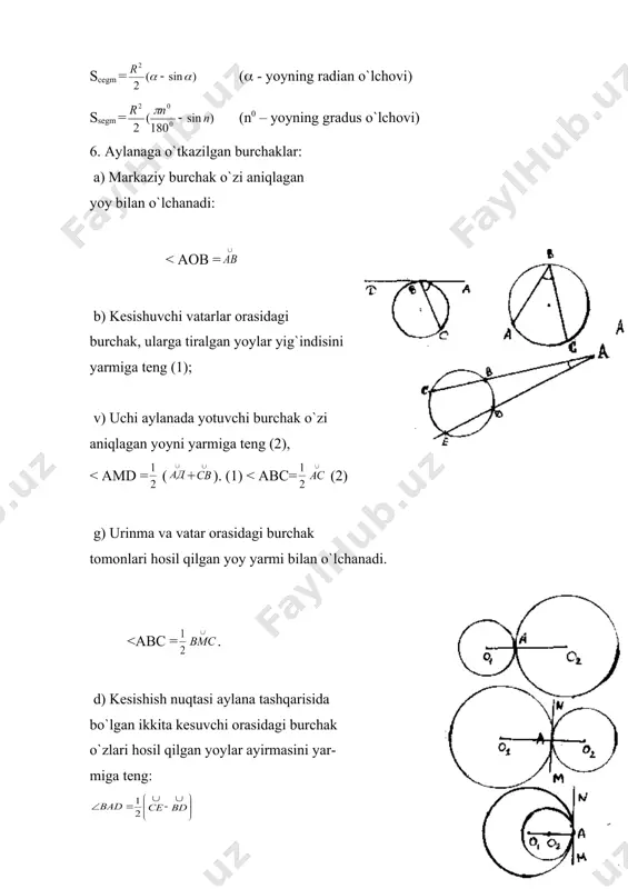 t- gan yuza s = s∆ 3 ssek bo`ladi. o1 , o2 , o3 uchburchak tomoni 2r bo`lgan teng tomonli uchburchak, shuning uchun s∆ = r2 o1ab sektorni markaziy burchagi 600 teng. bundan, ssek = , shuningdek, javob: ( ) 5 – misol. o markazli har xil radiusli ikkita doira berilgan. kichik doiraga o`tkazilgan urinmani katta doira bilan hosil qilgan kesmasi 32 sm. agar halqani eni 8 sm bo`lsa katta doira radiusini toping. yechish: shartga ko`ra ab = 32 sm, cd=8sm, shuningdek oc ( ab. katta doira radiusi- ni r desak, u holda ocb to`g`ri burchakli uchburchakdan: ob2 = oc2 + cb2 yoki r2= (r – 8)2 + 162 , r = 20 sm. javob: 20 sm 6 – misol. umumiy vatarga tiralgan ikki doirani mos yoylari 600 va 1200. doiralar yuzalari nisbatini toping. yechish: o1b = r, o2b = r deb belgilaymiz. shartga ko`ra < a o1b = 1200 …