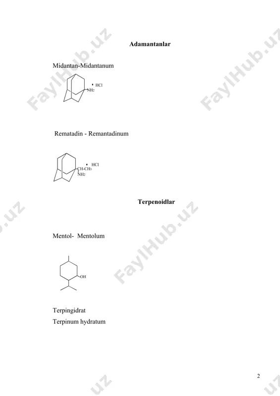 mol, fenol, rezortsin va xloralgidrat bilan evtetik aralashmalar hosil qiladi.optik faol-[б]d =-49°-51°(10% li etanolda). validol mentol hidiga ega bo’lgan moysimon tiniq suyuqlik. terpingidrat hidsiz oq rangli kristall, suvda kam eriydi.etil spirtida eriydi. qizdirilganda sublimatsiyalanadi. kamfora o’ziga xos hidga ega bo’lgan kristall kukun, muzlatuvchi mazaga ega. sublimatsiyalanadi. suvda kam, etil spirtida esa oson eriydi.timol, mentol, fenol va xloralgidrat bilan evtetik aralashmalar hosil qiladi. [б]d =-39°-44° bromkomfora. kamforaning hidiga ega bo’lgan oq rangli kukun, suvda kam, spirtda oson eriydi. sulfokamfora kislotasi - oq,sarјishroq kristall kukun, suv va spirtda oson eriydi. chinligini aniqlash. 1.mentol vanilinning konts.h2so4 dagi 1% li eritmasi bilan sariq rang hosil qilib, unga suv ta’sir etdirilsa to’q qizil ranggga o’tadi. mentol uchun tsuyuq-41-44°s[б]d -49°-51°(10% li etanol eritmasida) 2.validolning chinligi aniqlanganda mentolga sifat reaktsiyasi qilinadi.r20=0,894-0,907 3.terpingidrat terpineol tsineol kamfora qizil rang bromkamfora sulfokamfora kislotasi. qizil-sariq preparat + na2co3 + nano3 + na2so4 na2so4 + bacl2 =((baso4 + 2nacl miqdorini aniqlash. mentol …