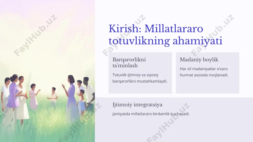 oyillari mamlakatda yashovchi barcha millat va elat vakillarining teng huquqli hayotini taʼminlashga qaratilgan. 4 oʻzbekistonning xalqaro tashkilotlar bilan hamkorligining huquqiy asoslari milliy qonunchilik oʻzbekiston tomonidan qabul qilingan qonunlar va qarorlar xalqaro shartnomalar tashqi munosabatlarni tartibga soluvchi bitimlar va kelishuvlar bmt va boshqa tashkilotlar qoidalari xalqaro meʼyorlarga mos kelgan huquqiy asoslar 5 bmt bilan hamkorlik: tolerantlik va inson huquqlari sohasida inson huquqlari himoyasi bmt dasturlari orqali huquqlarni mustahkamlash tolerantlik targʻiboti jamiyatda bagʻrikenglik va totuvlikni rivojlantirish ijtimoiy barqarorlik mojarolarni oldini olish va hal etish 6 yxht bilan hamkorlik: milliy ozchiliklarni qoʻllab-quvvatlash sohasida huquqiy himoya yxhtning milliy ozchiliklar ishlari boʻyicha oliy komissari (hcnm) bilan hamkorlik – oʻzbekistonda milliy ozchiliklar (ruslar, qozoqlar, tojiklar, koreyslar, turkmanlar va boshqalar)ning til, madaniyat va taʼlim sohasidagi huquqlarini qoʻllab-quvvatlash bo‘yicha maslahat va monitoring ishlari olib boriladi. 1 madaniy saqlash til va anʼanalarni asrab-avaylash 2 integratsiya va moslashuv jamiyatga qo‘shilish imkoniyatlarini kengaytirish 3 7 islom hamkorlik tashkiloti bilan hamkorlik: dinlararo …