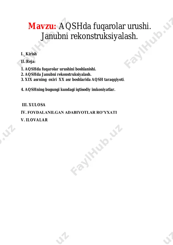 otganda darslik, qo’llanma adabiyotlar ko’rgazmali qurollar. kurs ishi obyekti va predmeti: kurs ishining obyekti sifatida aqshda fuqarolar urushi. janubni rekonstruksiyalash. kurs ishining nazariy-uslubiy asoslari. kurs ishining nazariy metodologik asosi sifatida, o’zbekiston respublikasi prezidenti i.a.karimov asarlarida qayd etilgan ajdodlarimiz tomonidan qoldirilgan boy moddiy va ma’naviy merosni o’rganish va ularni kelajak avlodga avaylab yetkazish haqidagi g’oyalari, ayniqsa, yevropa madaniyati tarixiga doir, fikr-mulohazalari hamda bmi mavzusiga oid nazariy metodologik asoslarni o‘zbekiston respublikasi konstitutsiyasi moddalari, o‘zbekiston respublikasi milliy g‘oyasining maqsad, vazifalari, xalqimizning milliy mentalitetidan kelib chiqqan holda milliy g‘oya asos qilib olinib, uning metodologik tamoyillarini bugungi kunda o‘zbek milliy tarixshunoslik fanida amal qilinayotgan nazariy va amaliy qarashlar chunonchi, o‘zbekiston respublikasi prezidenti i.a.karimov asarlarida, ma’ruza va ilmiy maqolalarida, o’zbekiston respublikasi vazirlar mahkamasining farmonlarida ifodalangan muhim vazifalar tadqiqotning nazariy-metodologik asoslarini tashkil etadi. shuningdek, davlat va hukumat farmonlari hamda qarorlarida ilgari surilayotgan uslubiy ko‘rsatmalar tashkil etadi. tadqiqot tarixiylik, ob’ektivlik, ilmiylik, xolislik, mantiqiy izchilik tamoyillariga asoslandi. kurs ishining …