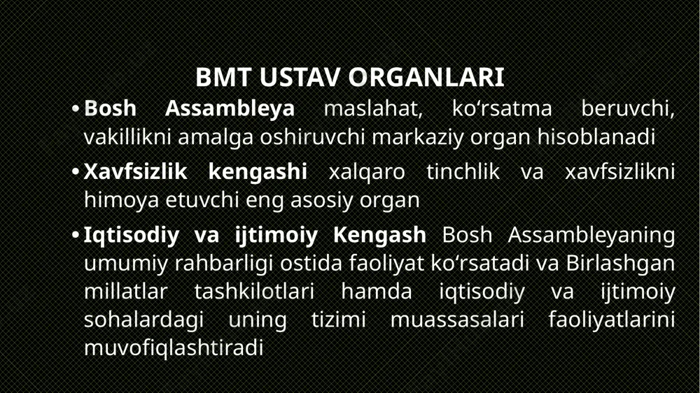 i, xalqaro tan olingan inson huquqlari va mehnat sohasidagi huquqlarni ilgari surishni oʻz oldiga maqsad qilib qoʻygan. 1919-yilda tashkil topgan xmt 1946-yilda bmt tizimiga kirgan birinchi ixtisoslashtirilgan muassasa boʻldi. jahon sogʻlikni saqlash tashkiloti (jsst) va oʻzbekiston respublikasi oʻrtasidagi hamkorlik jahon sogʻliqni saqlash tashkiloti (jsst) 1948-yilda tashkil topgan boʻlib, bmtning sogʻliqni saqlash sohasi boʻyicha ixtisoslashgan muassasasi hisoblanadi. jsstning oʻzbekistondagi vakolatxonasi – yevropa mintaqaviy ofisining bir qismi hisoblanadi. mazkur mintaqaviy ofis jsst tuzilmasiga qarashli oltita mintaqaviy ofislaridan biridir. oʻzbekiston jsstga 1992-yil 25-mayda aʼzo boʻlgan. 1993-yildan boshlab jsst va oʻzbekiston oʻrtasida yaqin hamkorlik aloqalari boshlandi. jsstning oʻzbekistondagi vakolatxonasi mamlakatda rivojlanishning umumiy maqsadi – hamma uchun salomatlikka erishish yoʻlida muhim rol oʻynaydi. tavsiya etiladigan adabiyotlar va manbalar халқаро ҳуқуқ. дарслик. муаллифлар жамоаси. – т.: тдюу. 2021. – б. 678 2. н. гафурова, д. сатторов. халқаро ташкилотлар ҳуқуқи. дарслик. –т.: тдюу нашриёти, 2021. – 372 бет. халқаро ҳуқуқ. дарслик. масъул муҳаррир проф. юлдашева г. муаллифлар …