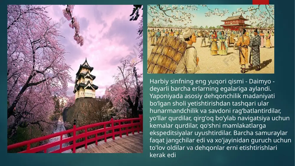 an biri kinoshita tokichiro edi, u keyinchalik xideyoshi toyotomi nomini oldi, u odaning asosiy qo'mondonlaridan biriga aylandi, keyin esa uning vorisi) xunuk, o'qimagan, behuda, ammo irodali, tubjoy. dehqonlar, ajoyib strateg edi. uning maqsadi daimyo separatizmini yengishdir. xideyoshining harbiy amaliyotlarining eng qiyini daimyo shimazuga qarshi kyushuga qarshi yurish edi. xideyoshi hukmronligi davrida rim papasini tanishtirish va yevropa davlatlari bilan tanishish uchun tarixda birinchi marta yaponiyadan yevropaga 4 nafar nasroniy yoshlardan iborat missiya yuborilgan. 13 1588 yilga kelib xideyoshi hatto mamlakatning eng chekka hududlarida ham o'z gubernatorlarini tayinlashga muvaffaq bo'ldi va samuraylardan tashqari barcha tinch aholiga qurollarini topshirishni buyurdi. bu o'zlarini dehqon urushlaridan himoya qilish uchun qilingan. 1587 yilda xideyoshi dehqonlar barcha qurollarini topshirishlari kerakligi to'g'risida farmon chiqardi (bu voqea "qilich ovi" deb nomlandi), bundan buyon dehqonlar jangchi, samuraylar esa dehqonlar bo'la olmadilar. 1588 yilda erlarni ro'yxatga olish boshlandi, natijada barcha erlar o'lchandi, sifati bo'yicha taqsimlandi va dehqonlarga uchastkalarni tark etish huquqisiz …