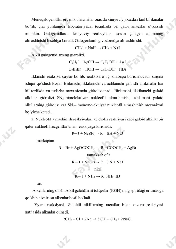 kelingan, ammo ko’proq dozada xidlansa o’limga olib keladi. shu sababli, hozirgi vaqtda tabobatda ko’proq boshqa preparatlardan foydalaniladi. tetraxlor metan ccl4 metanning to’rt galogenli hosilasi bo’lib, to’yingan uglevodorodlar orasida uglerod atomiga birdaniga to’rtta galogen atomi birikkan yagona birikmadir. sanoatda uglerod (iv)-xlorid uglerodning oltingugurtli birikmasiga xlor ta'sir ettirib olinadi. reaksiya 500-700ºc haroratda katalizator ishtirokida olib boriladi. katalizator sifatida surma metali ishlatilinadi: cs2 + 3cl2→ ccl4 + s2cl2 4 aril galoidlarni fizikaviy va kimyoviy xossalari aril galiodlar shunday birikmalarki ularda almashingan galoid bevosita aromatik xalqaga birikkan bo’ladi. aril galoidlarni vakillari quyidagilar: ftorbenzol 1-xlor2-nitrobenzol 1-bromnaftalin р-yod benzyl spirt galoid –saqlovchi organik birikmalarda almashingan galoid bevosita aromatik o’rinbosar xalqaga bog’langan bo’lmasa, ammo aromatik xalqa mavjud bo’lsa ham bu birikma galoid deb nomlanmaydi. masalan, benzil xlorid (c6h5ch2cl)aril galoid emas. aril galoidlarni uglerod-galoid bog’larini ikkalasi alkil galoidlarni uglerod bog’lariga nisbatan qisqaroq va mustahkamroq va bu shunday qilib ularni kimyoviy xossasida aks etadi, ular alkil galoidga ko’ra ko’proq …