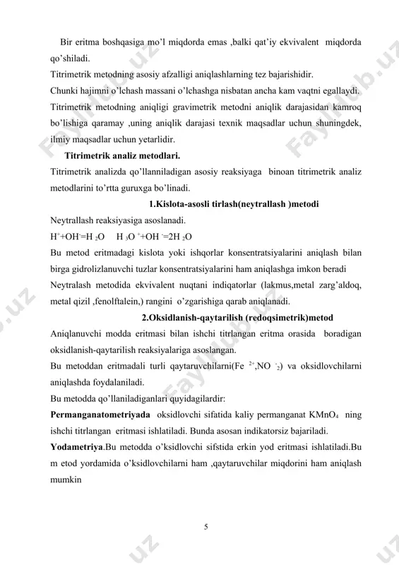 sha olish xossasiga ega bo’lgan har xil katiolar aniolar miqdori aniqlanadi.keyingi vaqtlarda katiolarning organik reagentlar –kampleksohlar bilan o’zaro tasiriga asoslangan analiz. 1.suvda va ba’zi erituvchilarda yahshi eriydi. 2.ko’pchilik metallar katiolari bilan oson reaksiyaga kirishadi.shu jumladan boshqa kompleks hosil qiluvchi reagentlar bilan kompleks birikmalar hosil qilmaydigan ishqoriy-yer metallar katiolari bilan ham suvda eruvchan barqaror kompleks birikmalarn hosil qiladilar. 3.ba’zi bir kompleksionlar u yoki katiolarga tanlab tasir qilish xususiyatlarga ega. kompleksionometrik titrlash metodlari. 1.to’g’ri titrlash oxirgi nuqtada rangini keskin o’zgartira oladigan indikotorlar ma’lum bo’landa o’kaziladi. tekshiriladigan eritmaga buffer aralashma qo’shish bilan uning ph qiymati ishqoriy muhitga(ph=10)keltiriladi va trilon b ning standartlashtirilgan eritmasi bilan titrlanadi. 2.teskari titrlash tekshirilayotgan metal kationi indikator no’malum bo’lgan xollarda o’tkaziladi.tekshirilayotgan metal kationi indiqator noma’lum bo’lgan hollarda o’tkaziladi.tekshirilayotgan eritmagamaga ma’lum hajimda tirilon b ning standartlashtirilgan eritmasidan qo’shiladi ,aralashma reaksiya tugallanishi uchun isitiladi, so’ng sovitilib tirilon bning ortib qolgani magniy yoki rux tuzining titrlangan eritmasi yordamida aniqlanadi. bunda ekvivalent nuqta …
