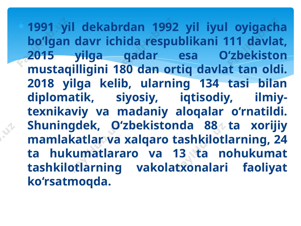 stitutlari bilan savdo iqtisodiy, investitsiyaviy texnologik va boshqa sohalardagi aloqalarni kengaytirishda salmoqli natijalarga erishildi. jumladan, xorijiy hamkorlar bilan 340 dan ortiq kelishuvlar tuzilib, 43 millard dollardan ziyod bitimlar imzolandi.bmt bosh аssambleyasi sessiyasi, shht, iht, mdh sammitlari, yevropa ittifoqi va 21 ta xorijiy davlatlar bilan muzokaralar hamda xitoyda bo‘lib o‘tgan “bir makon, bir yo‘l” forumida o‘zbekistonning xalqaro xavfsizlik va mintaqaviy rivojlanishning dolzarb muammolarini hal etish yuzasidan ilgari surgan yangicha yondashuv hamda tashabbuslari xalqaro miqyosda keng qo‘llab-quvvatlandi. 1991 yil 8 dekabrda minsk shahri yaqinida sobiq ittifoqning barham topishi munosabati bilan mustaqil davlatlar hamdo‘stligiga asos solindi. mdhning vujudga kelishi haqidagi hujjatga dastlab rossiya federatsiyasi, ukraina va belorusiya davlatlari imzo chekdilar. 13 dekabrda ashxobodda o‘tgan o‘rta osiyo va qozog‘iston respublika rahbarlarining kengashida hamdo‘stlikni kengaytirish zarur deb topdi. natijada shu yili 21 dekabrda almatida o‘tgan uchrashuvda jami 11 davlat mdhga a’zo bo‘lib kirdi. ular bu bitimda davlatlarning hududiy butunligini tan olish, amaldagi chegaralar, ularning ochiqligi, …