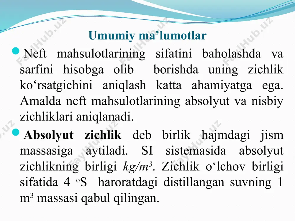 z bо‘lishi mumkin. asbobning eng pastki qismi konussimon shar shaklida qilinib, uning ichiga pitra solingan. neftedensimetr dala pl-2m va qо‘l rl amaliylari tarkibiga kiradi. tajriba о‘tqazish tartibi ichki diametri 50 mm dan kam bо‘lmagan, balandligi esa 500 mm ga yaqin silindrsimon shisha idish tanlab olinadi. idish tozalab yuvilgan va quritilgan bо‘lishi kerak. tekshirilayotgan neft mahsuloti 20-30 sekund davomida chayqatilib, silindrsimon idishga quyiladi. bunda neft mahsuloti harorati 5 os dan kо‘p farq qilmasligi kerak. idishga quyilgan neft mahsuloti tinguncha kutib turiladi va uning zichlanishiga yaqin neftedensimetr tanlab olinadi. neftedensimetrning eng yuqori qismidan ushlab, sekin neft mahsulotiga tushiriladi. asbobning sinishi va urilishining oldini olish uchun neftedensimetrni idishning tagiga tekkuncha tushiriladi va ehtiyotkorlik bilan qо‘yib yuboriladi. asbob tebranishdan tо‘xtab, muvozanat holiga kelguncha kutib turiladi va neft mahsuloti yuqori sathi bо‘yicha asbobning zichlik kо‘rsatgichi yozib olinadi. termometr kо‘rsatgichi bо‘yicha neft mahsuloti harorati aniqlanadi. olingan ma’lumotlar 3-jadvalga yoziladi. tajriba о‘tkazilayotgan paytda neft mahsulotining harorati 20 …