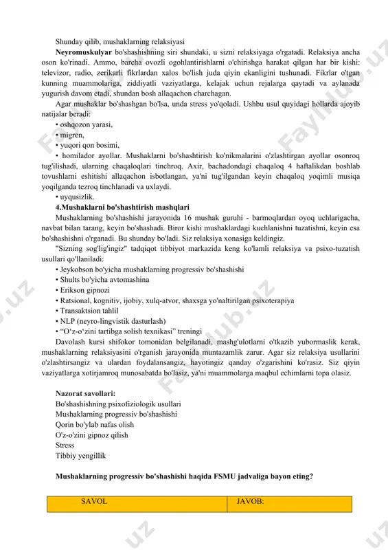 m yordam beradi. usul har bir ekshalasyonda kalit so'zni aytish orqali o'z-o'zini gipnoz bilan birlashtirilishi mumkin, masalan: "relaksiya", "xotirjamlik", "xotirjamlik" va boshqalar. o'z-o'zini gipnoz qilish. stress - bu keskinlik. bo'shashish (relaksatsiya) - qarama-qarshi kuchlanish holati. shuning uchun e.jeykobson usuli bo'yicha nerv-mushaklarning bo'shashishiga o'rgatish stress bilan kurashishning eng samarali usullaridan biridir. jeykobson usulining "siri" salbiy his-tuyg'ular va mushaklarning kuchlanishi o'rtasidagi munosabatlarda yotadi. salbiy stressli his-tuyg'ular (qo'rquv, tashvish, tashvish, vahima, tirnash xususiyati va boshqalar) doimo mushaklarning kuchlanishini keltirib chiqaradi. qorin bo'shlig'ida nafas olish bu usul eng oddiylardan biri hisoblanadi. u "diafragma nafasi" deb ham ataladi. usul quyidagi tarzda amalga oshiriladigan 10 ta nafas olish tsiklining (inhaliyalar-ekshalatsiyalar) 1-3 ta yondashuvini (tanaffuslar bilan) nazarda tutadi: • burun orqali sekin nafas oling. nafas olayotganda siz oshqozonning "shishib ketishini" maksimal darajada oshirishga harakat qilishingiz kerak va ko'krak qafasi unchalik shishmaydi. • bir necha soniya nafasingizni ushlab turing. • sekin nafas chiqarish, og'iz orqali yaxshiroq. nafas olish …
