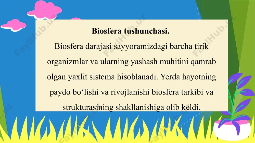 omillari hisoblanadi. ikkinchi bosqich – ko‘p hujayrali organizmlar xilma-xilligining ortishi tufayli biosfera strukturasining murakkablashuvi. bu bosqichning asosiy omili biologik evolutsiya hisoblanadi. bu davr kembriy davridan boshlanib, hozirgi zamon odamlari paydo bo‘lishigacha davom etgan. uchinchi bosqich - insoniyat jamiyatining kelib chiqishiga bog‘liq. bundan taxminan 40–50 ming yillar avval boshlanib, hozirgi vaqtgacha davom etmoqda. uchinchi bosqich insoniyat jamiyati kelib chiqishi va rivojlanishiga bog‘liq bo‘lgani uchun uni noogenez davri deyiladi. biosferaning barqarorligi unda kechadigan barcha jarayonlarning tartibliligida, ya’ni biosferani tashkil etuvchi tirik organizmlarning o‘zaro murakkab munosabatlari xilma-xilligida, moddalar davriy aylanishining dinamik muvozanatida namoyon bo‘ladi. biosferaning asosiy vazifasi: yerdagi hayot shakllarining xilma-xilligini va ularning uzoq davr mobaynida saqlanishini ta’minlashdan iborat. biosfera darajasining asosiy yo‘nalishi biologik xilma-xillikning saqlanishi orqali biosferaning dinamik barqarorligini ta’minlashdan iborat. biosfera darajasida yerdagi hayotiy jarayonlarning davomiyligini ta’minlaydigan muhim global jarayonlar sodir bo‘ladi. ularga misol qilib, quyosh energiyasining uzluksiz qabul qilinishi, o‘simliklar tomonidan erkin kislorodning hosil bo‘lishi, ozon qatlamining mavjudligi va karbonat …