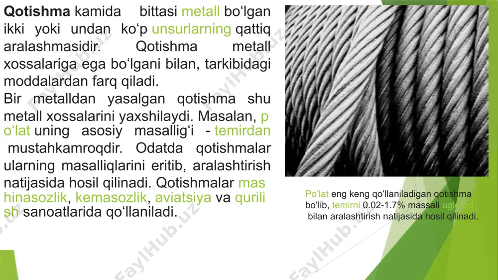 ar bunga qaramaydi. nodir metallar jumlasiga vanadiy, molibden, berilliy, indiy, sirkoniy, lantan, niobiy, tantal, reniy, germaniy, galliy, talliy va boshqa kiradi. "nodir m ." degan ibora shartli ibora boʻlib, sof metall ajratib olish usullarining qanchalik takomillashganiga bogʻliq; bir vaqtlar "nodir" deb hisoblangan titan endilikda "nodirlar" jumlasigakirmaydi (metallarning kimyoviy va fizik xossalari haqida metall elementlarga oid maqolalarga qarang). metallarning baʼzi birikmalarida (qotishmalarda ham) metall bogʻlanish (metallni hosil qiluvchi zarralar orasidagi bogʻlanish) saqlanib qoladi. metallar tabiatda erkin va kimyoviy birikmalar holida uchraydi. asl metallar (oltin, platina, kumush), baʼzan mis, qalay va simob sof holda topiladi. olinishi. sanoat miqyosida sof metall olish uchun yaroqli tabiiy xom ashyo — metalli ruda nomi bilan yuritiladi. rudalarga, koʻpincha, qoʻshimcha jinslar — loy, qum, ohaktosh va h.k. aralashgan boʻladi. shu sababli rudani qayta ishlashdan avval uni bu jinslardan tozalash, boshqacha aytganda, rudani boyitish lozim. boyitilgan ruda "konsentrat" deb ataladi. koʻpchilik rudalar flotatsiya usulida boyitiladi. metallar rudalarining birinchi …