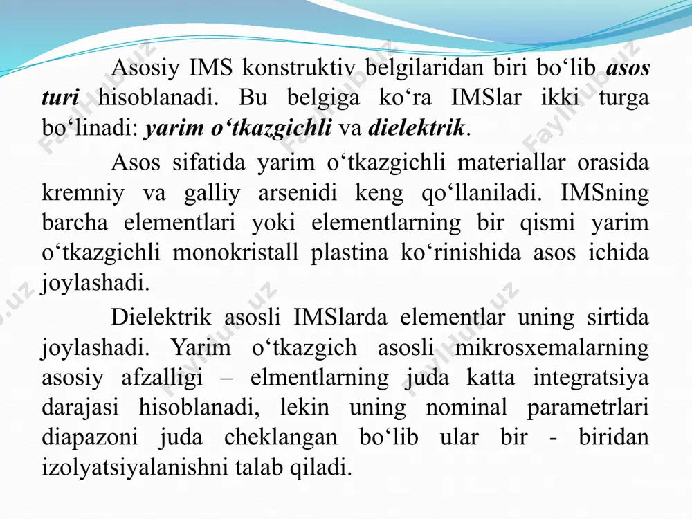 tomonda ulangan p-n o‘tishlar bilan izolyatsiyalangan. shu sababli mdya–tranzstorlar bir–biriga juda yaqin joylashishi mumkin, demak katta zichlikni ta’minlaydi. bipolyar va mdya imslar planar yoki planar – epitaksial texnologiyada yasaladi. planar texnologiyada n-p–n tranzistor tuzilmasini yasashda p–turdagi yarim o‘tkazgichli plastinaning alohida sohalariga teshiklari mavjud bo‘lgan maxsus maskalar orqali mahalliy legirlash amalga oshiriladi. maska rolini plastina sirtini egallovchi kremniy ikki oksidi sio2 o‘ynaydi. bu pardada maxsus usullar (fotolitografiya) yordamida darcha deb ataluvchi teshiklar shakllanadi. kiritmalar yoki diffuziya (yuqori temperaturada ularning konsentratsiya gradienti ta’sirida kiritma atomlarini yarim o‘tkazgichli asosga kiritish), yoki ionli legirlash yordamida amalga oshiriladi. ionli legirlashda maxsus manbalardan olingan kiritma ionlari tezlashadi va elektr maydonda fokuslanadilar, asosga tushadilar va yarim o‘tkazgichning sirt qatlamiga singadilar. planar texnologiyada yasalgan yarim o‘tkazgichli bipolyar tuzilmali ims namunasi va uning ekvivalent elektr sxemasi 1 a, b - rasmda keltirilgan. diametri 76 mmli yagona asosda bir varakayiga usulda bir vaqtning o‘zida har biri 10 tadan 2000 ta …