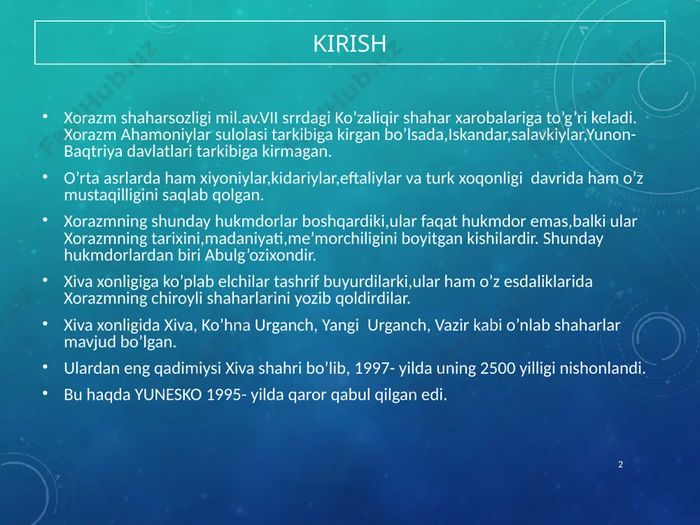 gan. ko’hna urganch x — xi asrlarda xorazm davlatinuig poytaxti edi. bu shahar arab geograflari asarida jurjoniya nomi bilan qayd etilgan. x asrning ikkinchi yarmida poytaxt gurganchda mustaqil amirlik tuzilgan. 995- yilda gurganch amiri ma'mun ibn muhammad poytaxti kot shahri bo’lgan xorazmshohlarni tor-mor etib, o’zini xorazmshoh deb e'lon qilgan. shu tariqa gur-ganch xorazm davlatining yagona poytaxtiga aylangan. xi—xii asrlarda bu shaharda madaniyat, ilm-fan rivojlandi. shahar mustahkam qal'a-devor bilan o’rab olindi. * izoh! 1221-yilda mo’g’ullar ko’hna urganch shahrini suvga bostirgan edilar. 1646- yilda abulg’ozixon hozirgi urganch shahriga asos soldi. bunga yuqorida qayd etilgan amudaryoning o’z yo’nalishini o’zgar-tirib orol dengizi tomon oqa boshlagani, buning oqibatida gurganch-ning (ko’hna urganch) suvsiz qolganligi sabab bo’lgan edi. shundan keyin qadimgi guiganchning nomi ko’hna urganch bo’lib qoldi. vazir shahri. vazir xorazmning shahar-qal'alaridan biri bo’lgan. tarixiy manbalarda qayd etilishicha, shayboniylardan bo’lgan mustafoxon tomonidan xv asr o’rtalarida asos solingan. xvi asrda shayboniylarning o’zaro urushlari shaharni vayron bo’lishiga olib kelgan. …