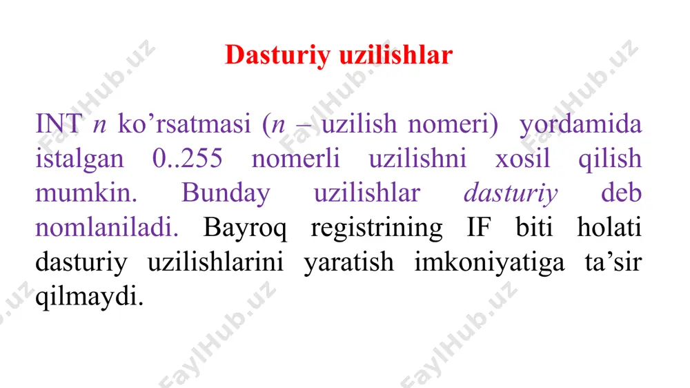 utunlay tashlab ketiladi. odatda uzilish operatsiyalari faqat joriy buyruqning bajarilishi tugagandan keyingina bajariladi. bitta uzilishni qayta ishlayotgan vaqtda bitta boshqa yoki bir nechta boshqa qurilmalardan uzilish signalini olish kabi, yana bir holat bo’lishi mumkin. bunday muammoni yechishning ikikita usuli mavjud: birinchidan – signallarning kelish ketma-ketligi tartibida uzilishlar amalga oshiriladi. lekin bu uzoq vaqt dovimida to’xtamay ishlaydigan qurilmalarning noto’g’ri ishlashiga olib kelishi mumkin. ikkinchidan – har bir periferik qurilmaga ma’lum bir ustivor tartib nomerni berish va ustivorlik uzilishlar tizimidan foydalanish, bu esa ustivorligi yuqori bo’lgan uzilishlar ustivorligi pastroq bo’lganlaridan oldin bajarilishini ko’rish mumkin. ustivorlikning (prioritetning) ikki turi mavjud – nisbiy va absolyut (mutloq). nisbiyda ustivorligi juda yuqori bo’lgan uzilish past ustivorlikda ishlaydigan uzilishni to’xtata olmaydi, absolyutda esa buni amalga oshirish mumkin. uzilishlarni maskalash. uzilishlar ustivorligi. ehm turli xil uzilishlarga tanlab javob beradigan vositalarga ega bo’lishi kerak. masalan, agar apparat ishlamay qolishi faktini aniqlagan nazorat sxemasi biridan uzilish signali kelsa, u holda …