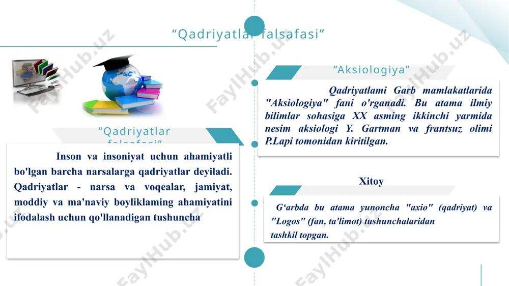 adriyatlar – bu o‘z ahamiyatiga ko‘ra eng yuksak darajada turuvchi, odamlarning fundamental munosabatlari va ehtiyojlarini aks ettiruvchi qadriyatlardir. kundalik hayot va ehtiyojlar bilan bog‘liq bo‘lgan qadriyatlar. insonning moddiy va ma’naviy ehtiyojlarini qondirish, jamiyatning normal faoliyat ko‘rsatishi va rivojlanishini ta’minlash uchun zarur bo‘lgan qadriyatlardir. 01 02 03 04 jamiyat va inson hayotida qadriyatlarning roli. oliy qadriyatlarning mavjudligi doimo individning shaxsiy hayoti chegarasidan chetga chiqish bilan bog‘liq. ular individni uning o‘zidan yuksak bo‘lgan, uning hayotini belgilaydigan, uning taqdiri uzviy bog‘liq bo‘lgan narsalar bilan oshno etadi. inson hayoti uchun zarur bo‘lgan fundamental qadriyatlar (tabiiy boyliklar, moddiy yashash sharoitlari – turar joy, oziq-ovqat mahsulotlari, sog‘liqni saqlash va sh.k.) va insonning ijtimoiy mohiyatiga, uning ma’naviy tabiatiga bog‘liq bo‘lgan oliy qadriyatlar yotadi. ikkinchi guruhga esa ma’naviy qadriyatlar kiradi. qadriyatlarning birinchi guruhi insondan tashqarida yotuvchi maqsad bilan belgilanadi, ikkinchi guruh ichki asosga ega birinchi guruhga moddiy (utilitar) qadriyatlar 01 02 03 04 qadriyatlar ierarxiyasi. inson ma’naviyati uchta: …