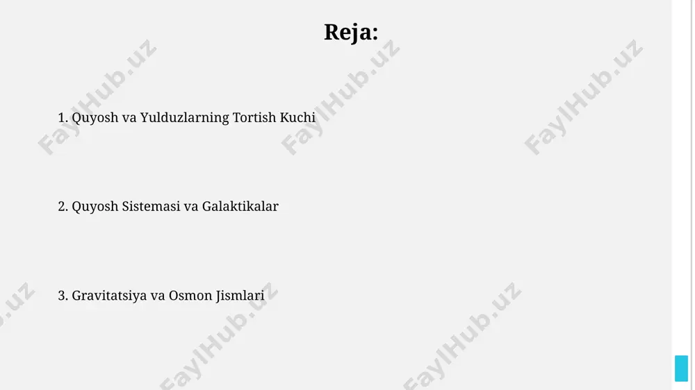 30 kg boʻlib, bu uning kuchli tortish kuchiga ega boʻlishining asosiy omili hisoblanadi. yulduzlarning massasi va tortish kuchi oq mittilar, neytron yulduzlari va qora tuynuklar kabi ixcham yulduzlarning juda kichik hajmiga qaramay, ularning massasi juda katta bo'lib, ularning sirtida gravitatsiya kuchi juda yuqori bo'ladi. yulduzlarning massasi quyosh massasining bir necha barobaridan tortib, bir necha o'nlab barobarigacha o'zgarib turadi, bu ularning tortish kuchini belgilaydi, masalan, quyoshning massasi taxminan 2×10³⁰ kg. quyosh va yulduzlarning harakati quyosh sistemasidagi sayyoralar quyosh atrofida elliptik orbitada harakatlanadi, bu harakat keplerning sayyora harakat qonunlariga bo'ysunadi, ya'ni orbitaning tezligi sayyoraning quyoshga yaqinlashishi yoki uzoqlashishiga bog'liq. quyoshning o'z o'qi atrofida aylanishi taxminan 27 kun davom etadi va bu aylanish ekvatorda tezroq, qutblarda esa sekinroq bo'ladi, bu esa quyoshning differensial aylanishi deb ataladi. tortish kuchi haqidagi tadqiqotlar quyosh sistemasidagi sayyoralarning orbitasi, ularning massasi va quyosh massasi o'rtasidagi nisbati kepler qonunlari va nyuton tortishish qonunlariga asoslangan murakkab matematik modellashtirish orqali aniqlanadi. …