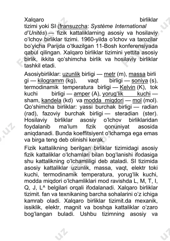 ʻzbekcha fransuzcha/inglizcha oʻzbekcha xalqaro uzunlik l metr mètre/metre m massa m kilogramm[1] kilogramme/kilogram kg vaqt t soniya seconde/second s tok kuchi i amper ampère/ampere a termodinamik harorat θ kelvin kelvin k modda miqdori n mol mole mol yorugʻlik kuchi j kandela candela kd cd hosil boʻlgan oʻlchov birliklari.hosil boʻlgan oʻlchov birliklari asosiy oʻlchov birliklarini ustida oshirilgan matematik amallar natijasida yuzaga kelgan. hosil boʻlgan oʻlchov birliklari kattaliklar oʻlchov birliklar belgilanishi ifodasi oʻzbekcha nomlanishi xalqaro nomlanishi oʻzbekcha xalqaro yassi burchak radian radian rad m·m−1 = 1 hajmiy burchak steradian steradian sr m²·m−2 = 1 harorat (selsiy shkalasi boʻyicha) selsiy darajasi degree celsius °c k chastota gers hertz gs hz s−1 kuch nyuton newton n kg·m/s² energiya joul joule j n·m = kg·m²/s² quvvat vatt watt vt w j/s = kg·m²/s³ bosim paskal pascal pa n/m² = kg·m−1·s−2 yorugʻlik oqimi lumen lumen lm kd·sr yorugʻlik lyuks lux lk lx lm/m² = kd·sr·m−2 elektr …