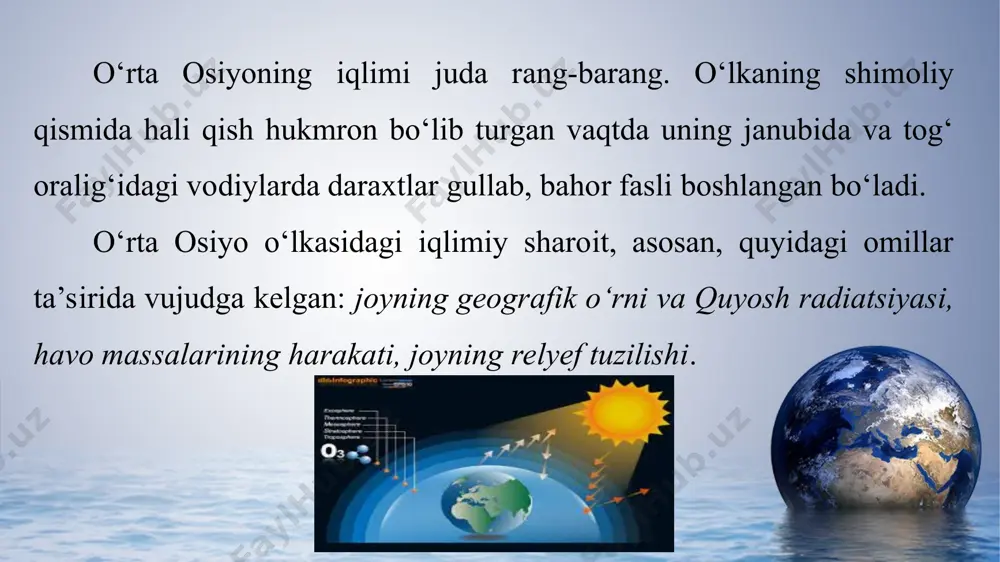 esa, aksincha, 1 soat-u 50 minut qisqa bo‘ladi. find more powerpoint templates on prezentr.com! joyning geografik kengligi shu hududda joylashgan yer yuzasiga tushishi mumkin bo‘lgan quyosh energiyasi miqdorini belgilaydi. lekin quyoshdan keladigan energiyaning hammasi ham yer betiga yetib kelmaydi. uning 20 foizga yaqin qismi yer yuziga tushmay, havo qobig‘idan yana fazoga qaytib ketadi. find more powerpoint templates on prezentr.com! quyosh nurlarining bir qismini havodagi suv bug‘lari, changlar, shuningdek, bulutlar yutadi va tarqatib yuboradi. natijada atmosferada tarqoq radiatsiya vujudga keladi. quyoshdan yer betiga bevosita yetib kelgan radiatsiya to‘g‘ri radiatsiya deyiladi. find more powerpoint templates on prezentr.com! yer yuziga to‘g‘ri radiatsiya ham, tarqoq radiatsiya ham tushadi. yer yuzasiga tushadigan tarqoq radiatsiya bilan to‘g‘ri radiatsiya birgalikda yalpi radiatsiya deb ataladi. yalpi radiatsiya qoraqum cho‘lining janubida 1 sm2 yuzada 150 kkal issiqlikka teng. yalpi radiatsiya shimolga tomon kamayib boradi. find more powerpoint templates on prezentr.com!