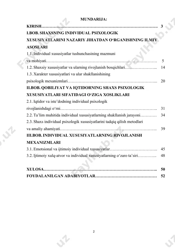 individual psixologik xususiyatlarini chuqur o‘rganish nafaqat ilmiy, balki amaliy jihatdan ham muhim hisoblanadi. shaxsni yanada samarali tushunish, uning psixologik xususiyatlarini aniqlash va ijtimoiy, pedagogik va kasbiy muhitda qo‘llash imkoniyatlarini tahlil qilishga qaratilgan. ishning maqsadi – shaxsning individual psixologik xususiyatlarini nazariy va amaliy jihatdan o‘rganish, ularning shakllanish mexanizmlarini aniqlash va psixologik tadqiqot metodlarini amaliyotda qo‘llash imkoniyatlarini ko‘rsatishdir. shaxsning individual psixologik xususiyatlari – bu har bir insonga xos bo‘lgan psixologik xususiyatlar majmui bo‘lib, uning temperament, xarakter, qobiliyatlar, emotsional va ijtimoiy xususiyatlarini o‘z ichiga oladi. ushbu xususiyatlar shaxsning ijtimoiy muhitga moslashuvi, qaror qabul qilish qobiliyati, kasbiy faoliyati va kundalik hayotdagi muvaffaqiyatini belgilashda muhim rol o‘ynaydi. shaxsning individual psixologik xususiyatlarini o‘rganish psixologiya, pedagogika, ijtimoiy psixologiya va kognitiv fanlar sohalarida dolzarb masala hisoblanadi. so‘nggi yillarda individual xususiyatlarni aniqlash, baholash va rivojlantirish masalalari ilmiy tadqiqotlar va amaliy psixologik faoliyatning markazida turibdi. bu esa shaxsni yaxshiroq tushunish, uning ijtimoiy va kasbiy faoliyatini samarali tashkil etish imkonini beradi. …